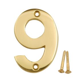 Polished Brass effect Metal House number 9, (H)75mm (W)48mm