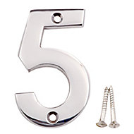 Polished Chrome effect Brass House number 5, (H)75mm (W)48mm