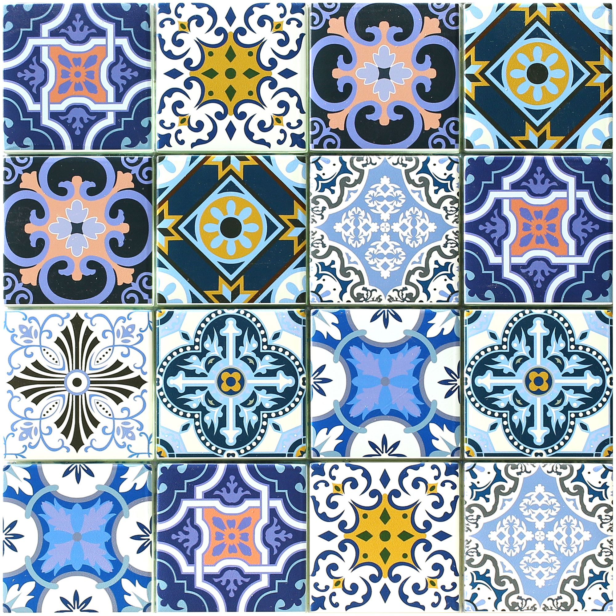 Porto Blush & indigo Gloss Geometric Glass 2x2 Mosaic tile