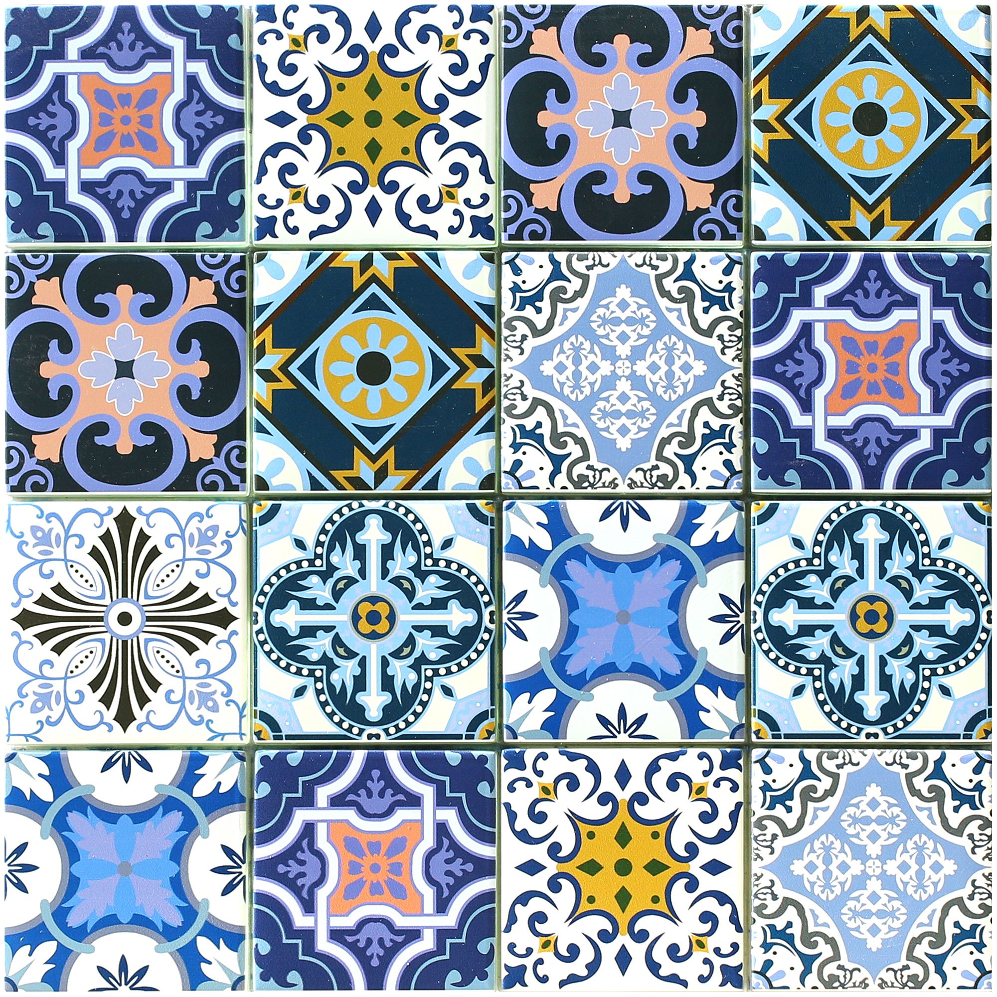 Porto Blush & indigo Gloss Geometric Glass 2x2 Mosaic tile, (L)300mm (W)300mm