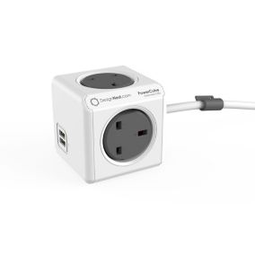 PowerCube Extended 13A Grey & white 4 socket Plug adaptor with USB x 2