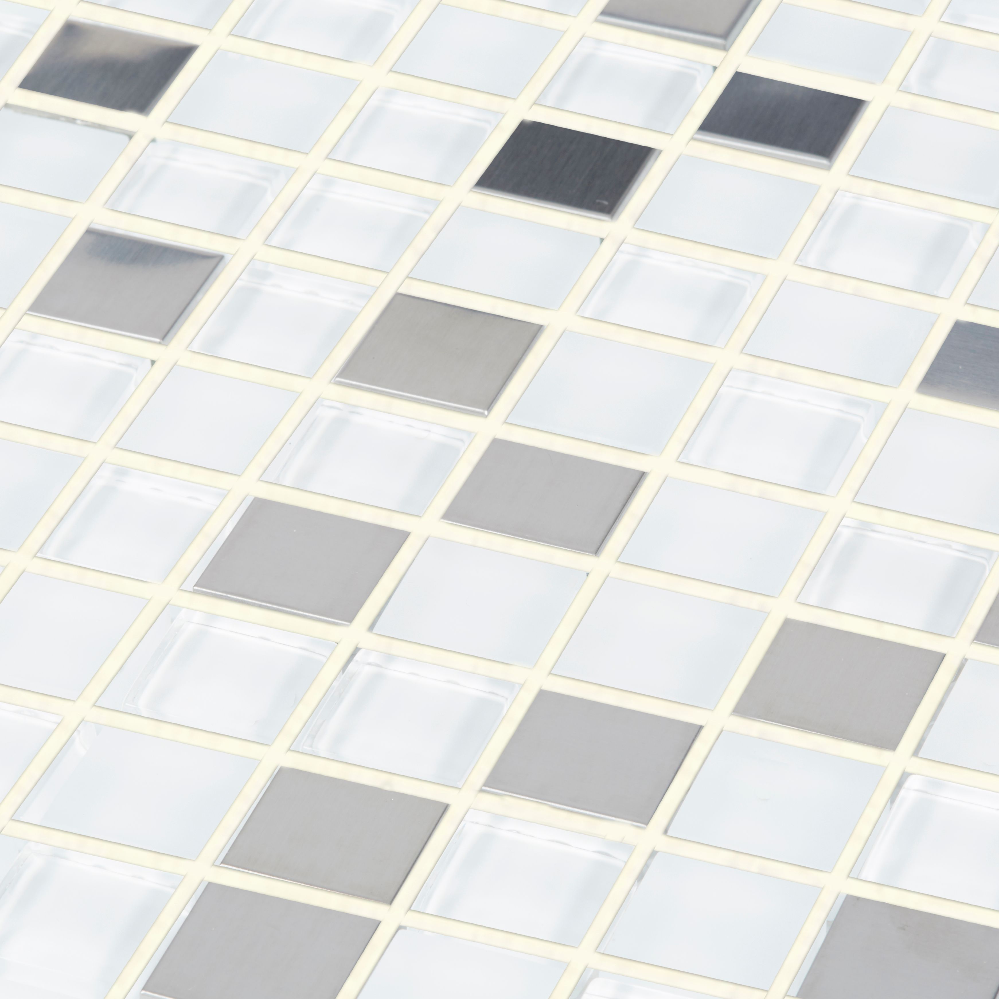 Prate Grey & white Frosted Gloss Mosaic Glass & stainless steel Mosaic tile, (L)320mm (W)32mm