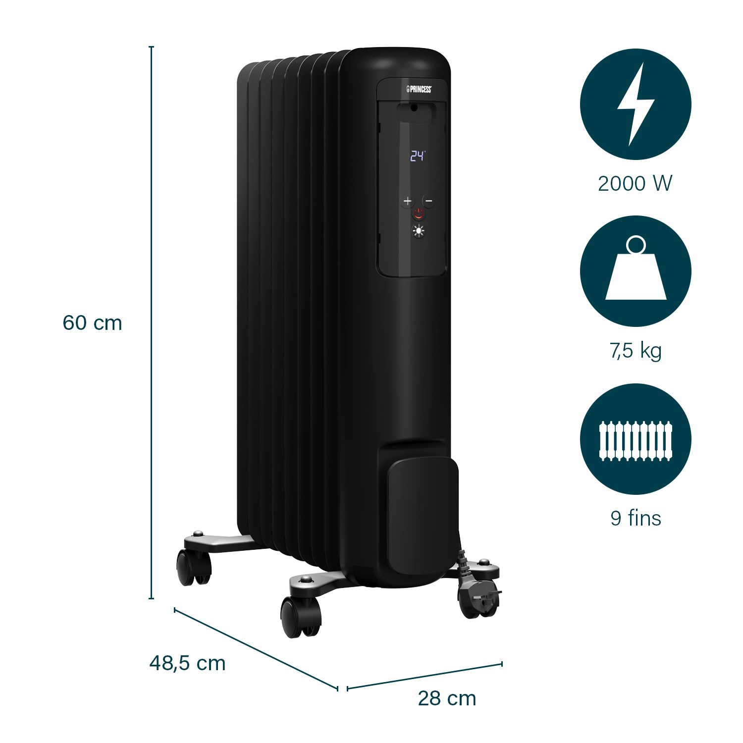 Princess 220-240V 2kW Black Smart Oil-filled radiator