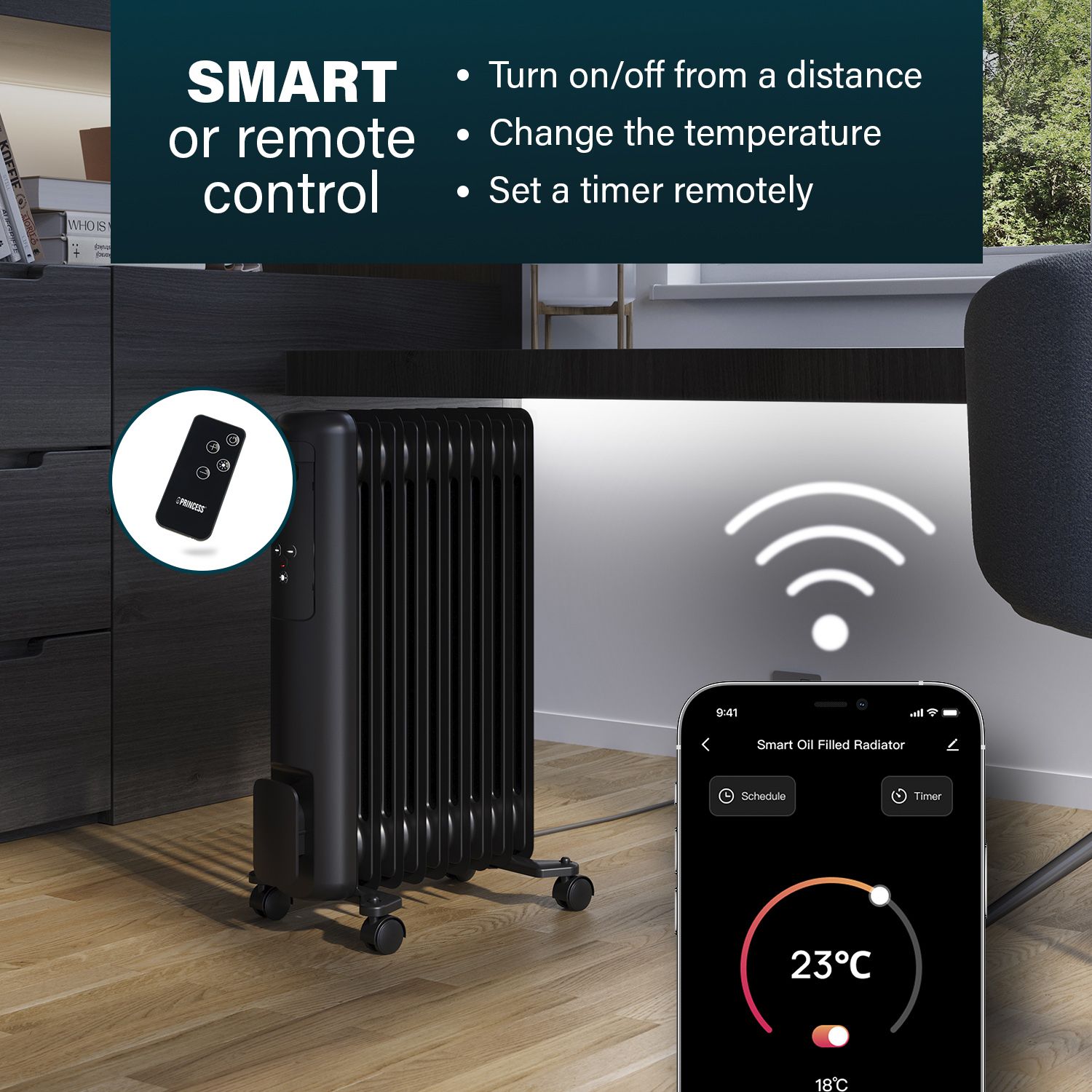 Princess 220-240V 2kW Black Smart Oil-filled radiator