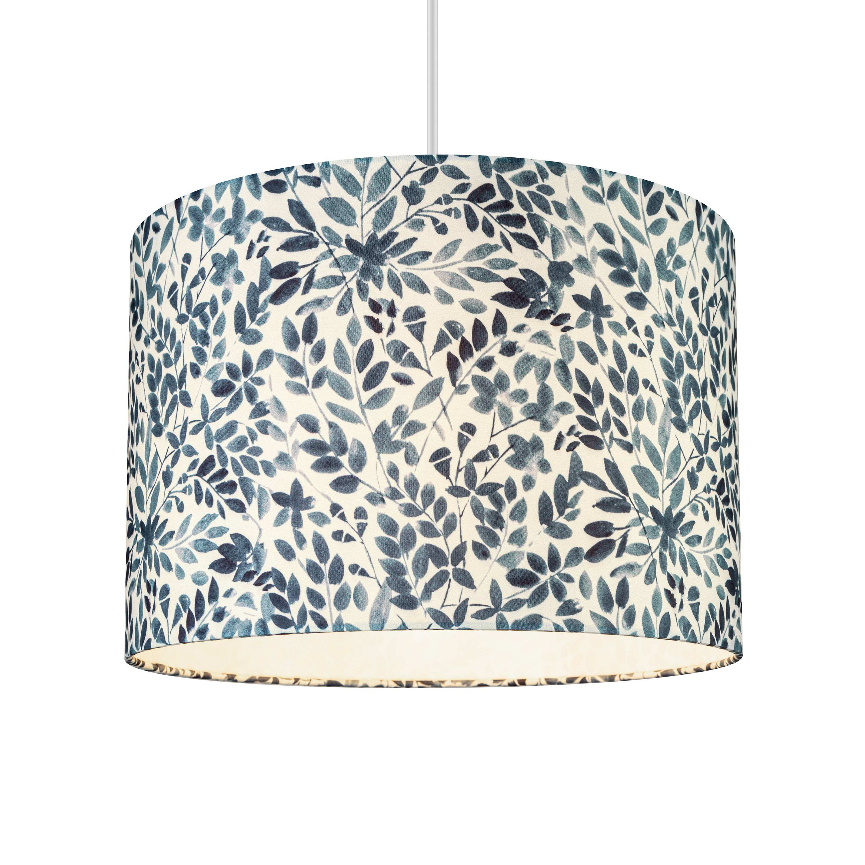 Printed Blue & White Leaves Drum Lamp sh…