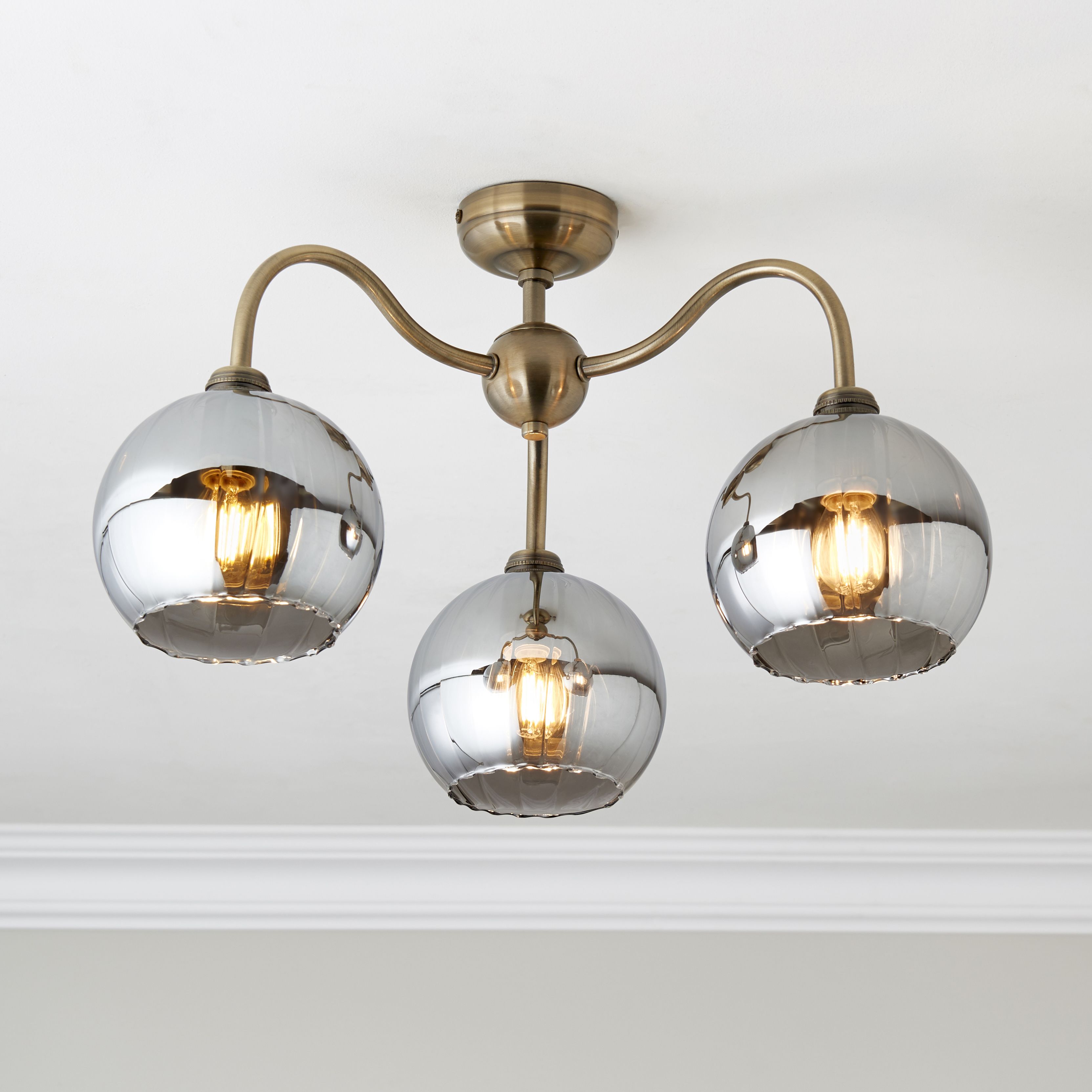 Priva Ribbed Glass & steel Bronze Antique brass & smoked glass effect 3 Lamp LED Ceiling light