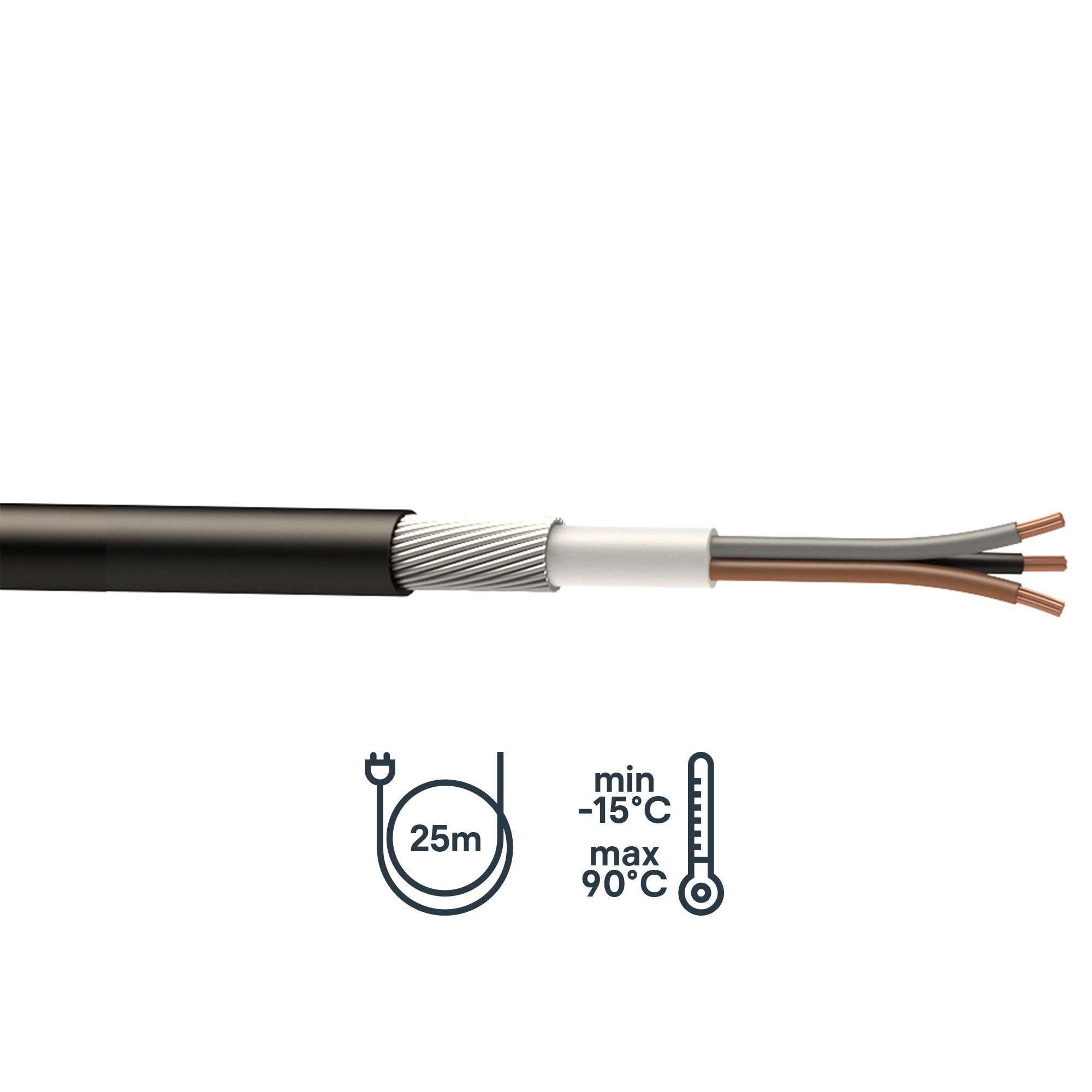 Prysmian Black 3-core Armoured Cable 2.5mm² x 25m