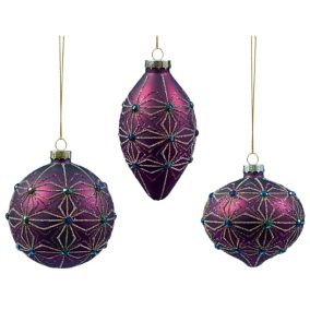 Purple Metallic effect Glass Decorated Bauble