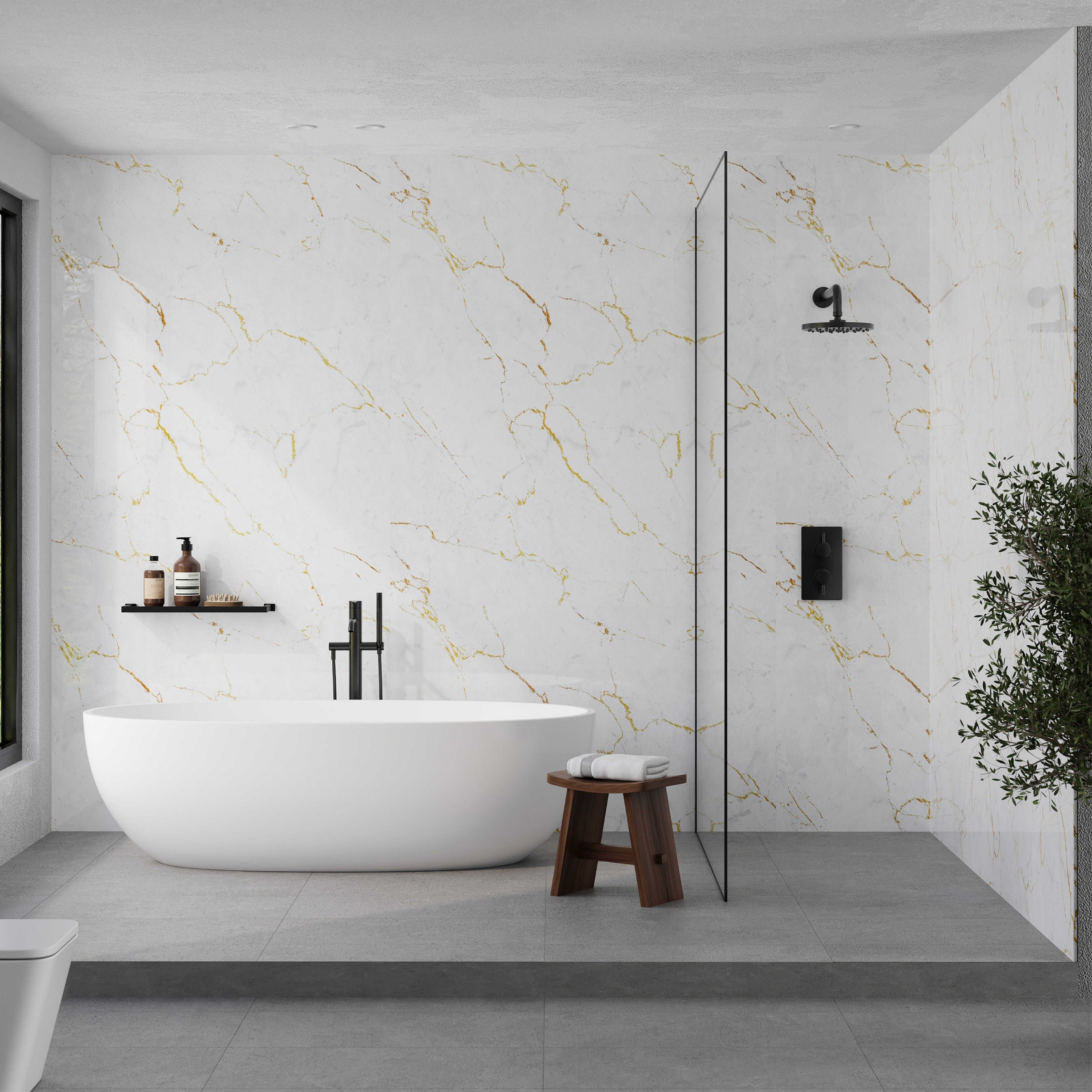 PVC Bathroom Wall Panel (H)2400mm (W)1000mm - Gloss Carrara gold Marble ...