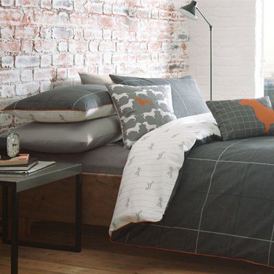 Racing Green Urban Dachshund & check Charcoal Double Bedding set