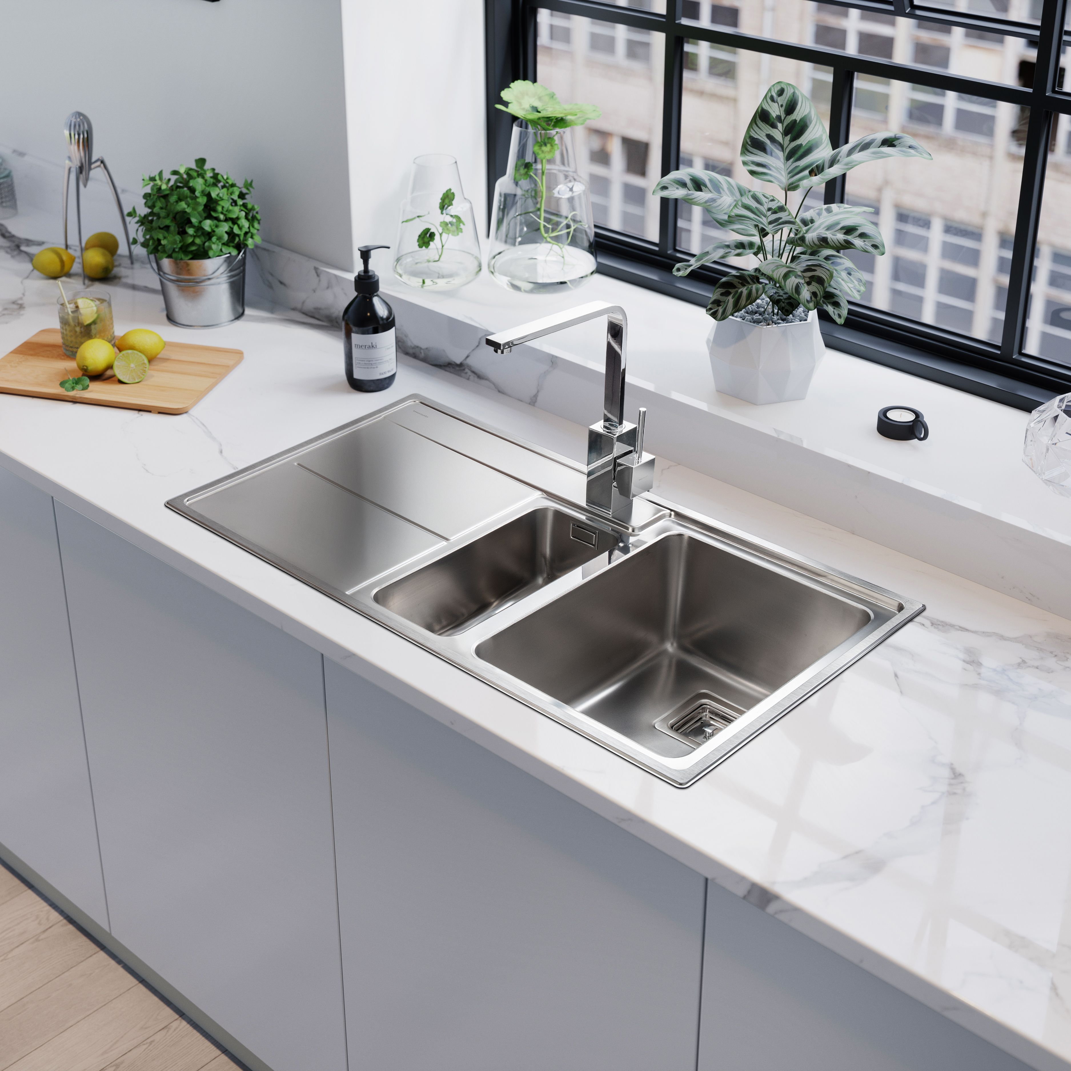 Rangemaster Arlington Brushed Stainless steel 1.5 Bowl Sink & drainer LH 508mm x 985mm