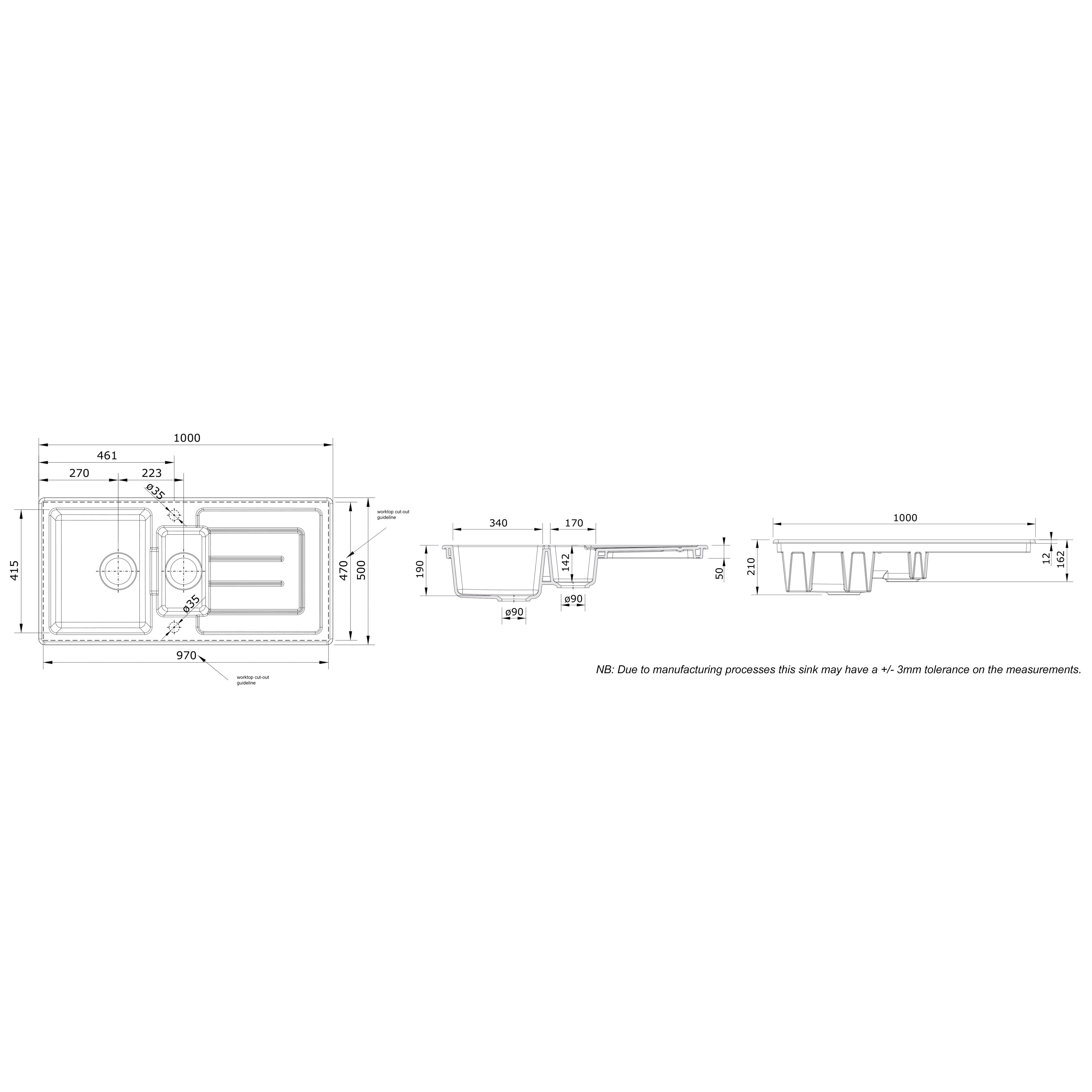 Rangemaster Austell White Ceramic Rectangular 1.5 Bowl Sink (W)500mm