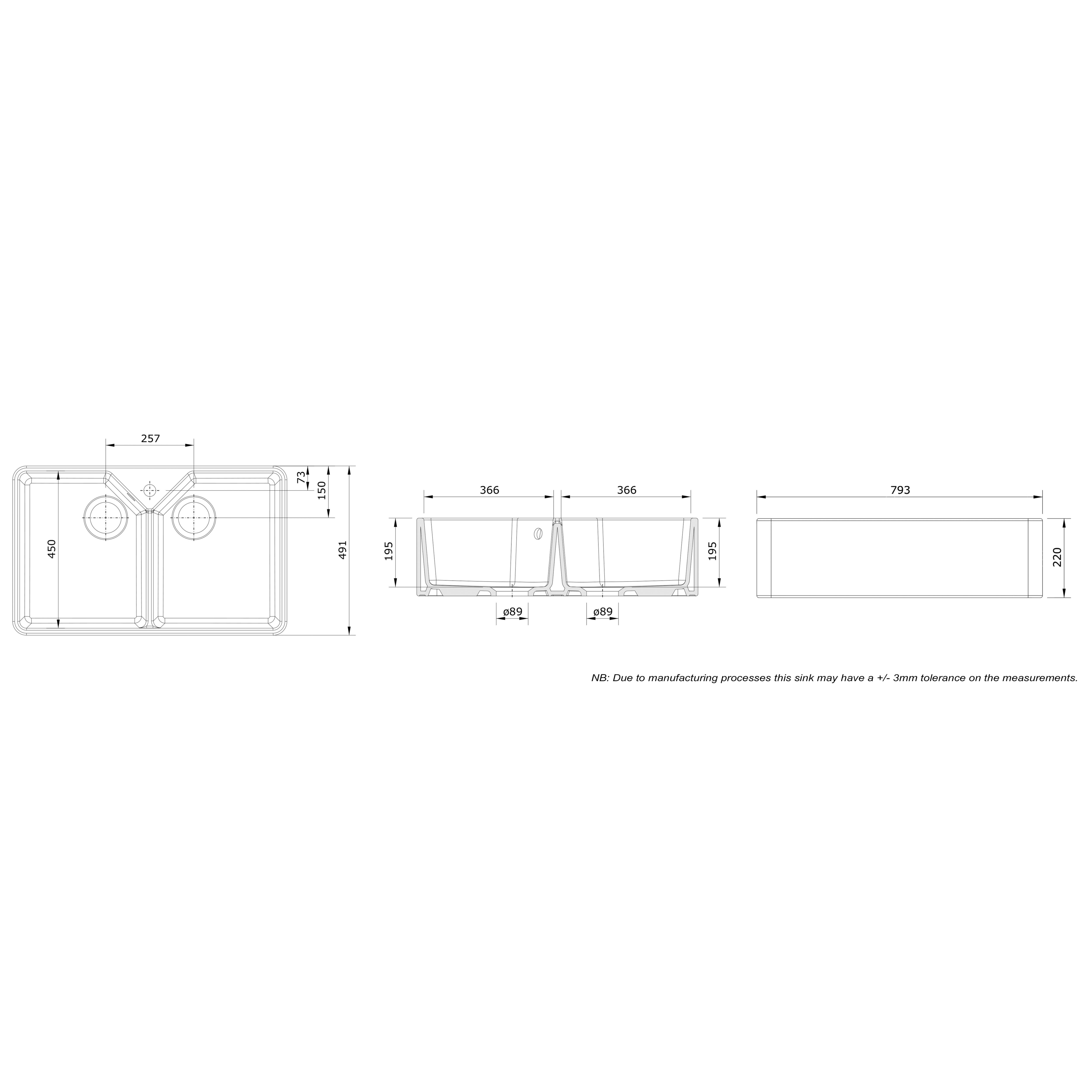 Rangemaster Farmhouse White Ceramic 2 Bowl Sink 591mm x 793mm