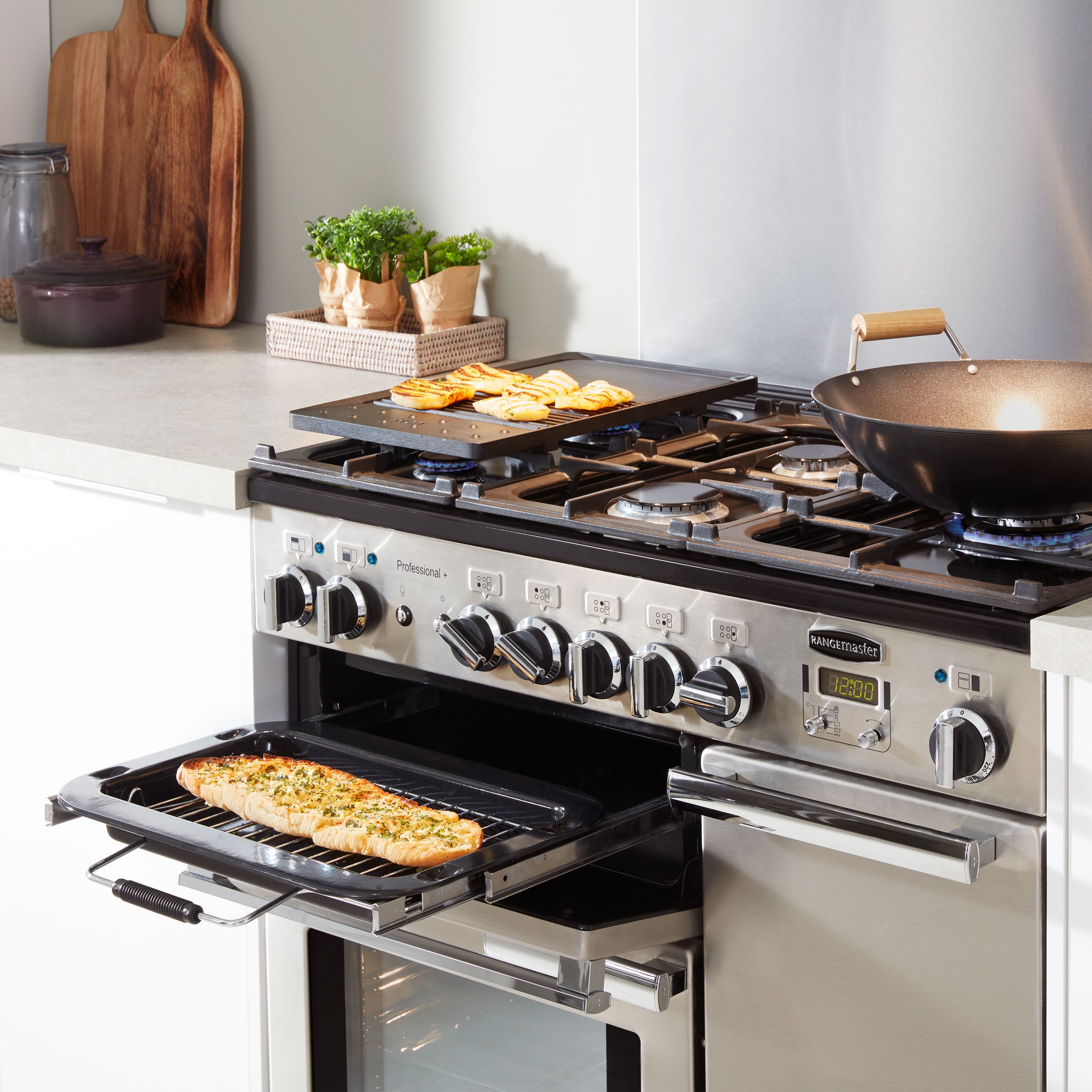Rangemaster PROP90DFFBL C Freestanding Electric Range cooker with Gas Hob Stainless steel effect