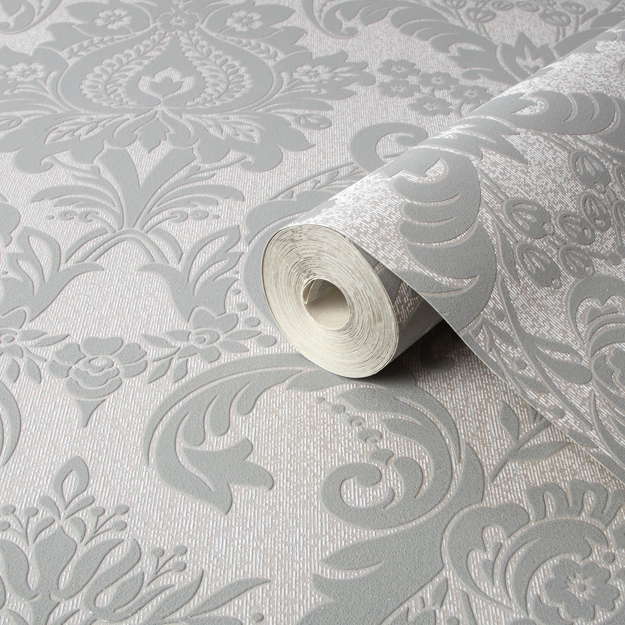 Rao Grey Silver effect Damask Textured Wallpaper DIY at B&Q
