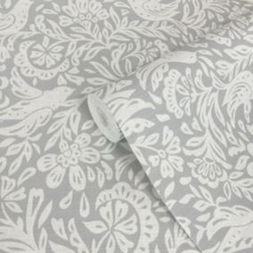 Rasch Grey Birds & leaves Embossed Wallpaper