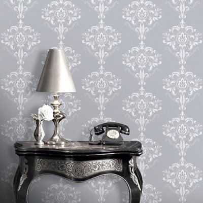 Rasch Grey Damask Silver effect Smooth Wallpaper