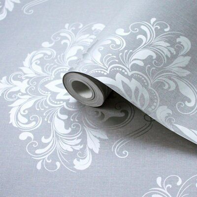 Rasch Grey Damask Silver effect Smooth Wallpaper | DIY at B&Q