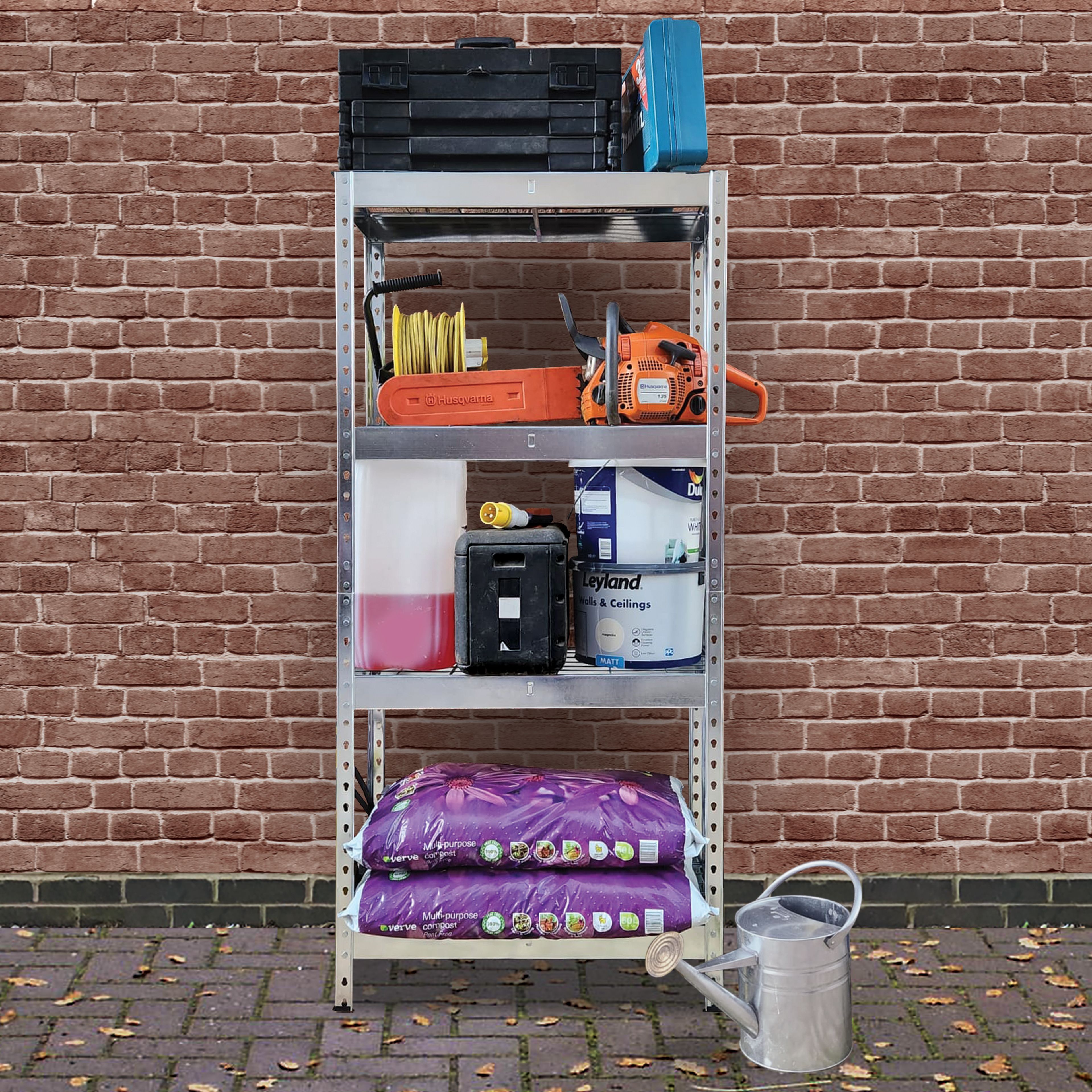 RB Boss Matt silver/galvanised 4 shelf Galvanised steel Shelving unit (H)1600mm (W)750mm