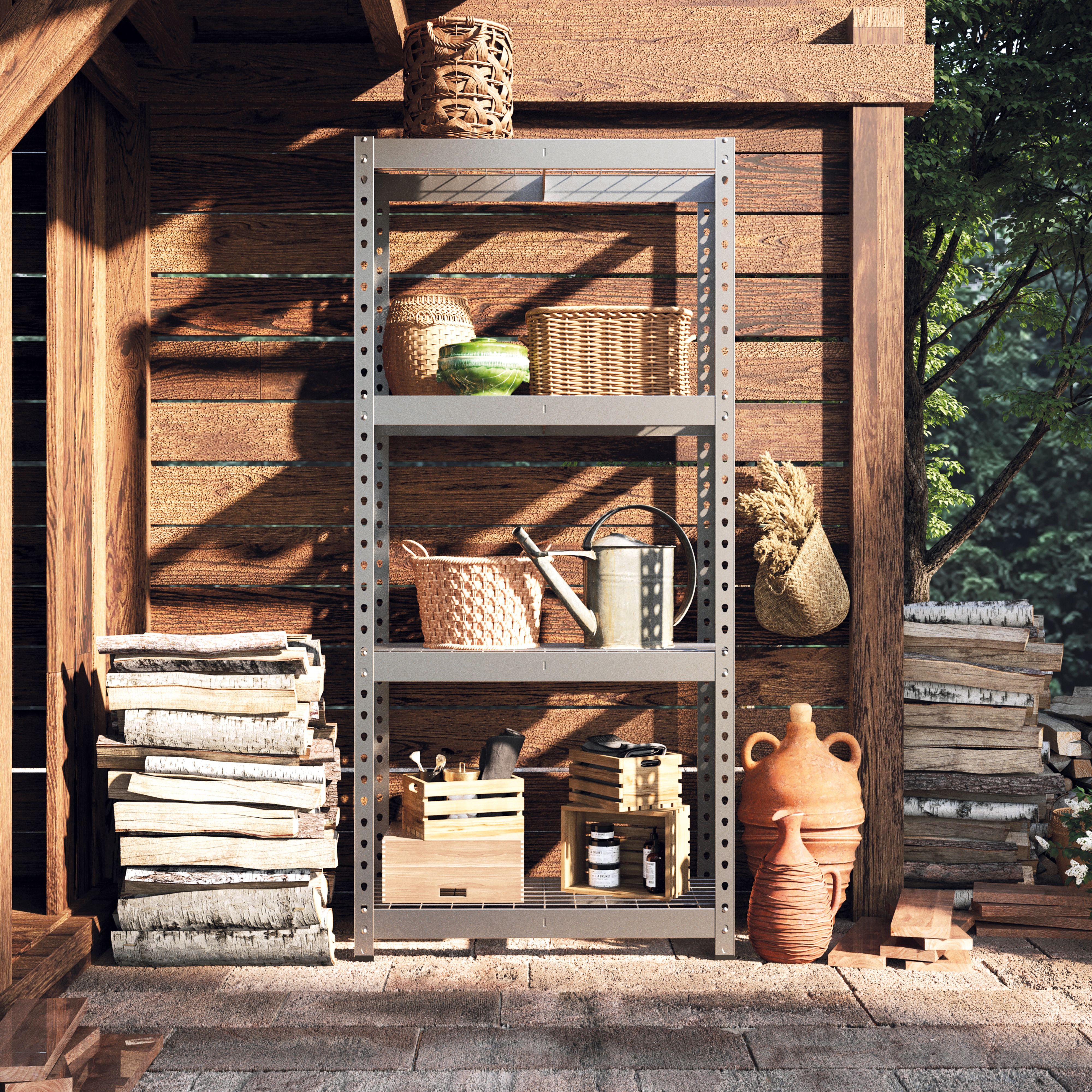 RB Boss Matt silver/galvanised 4 shelf Galvanised steel Shelving unit (H)1600mm (W)750mm