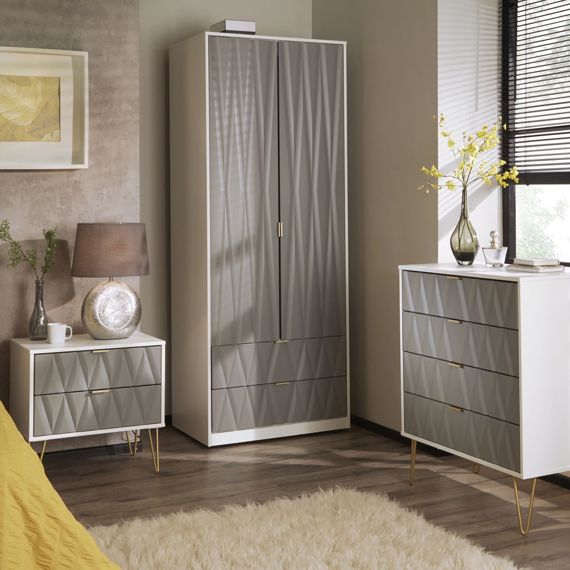 Ready assembled Contemporary Grey & white 2 Drawer Double Wardrobe (H)1970mm (W)740mm (D)530mm