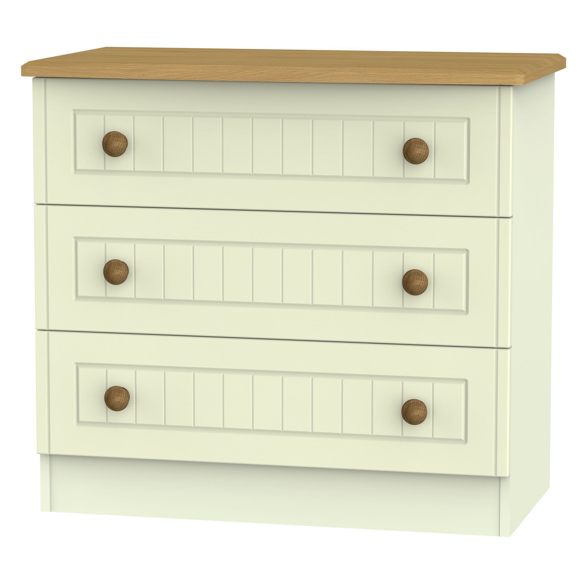 Ready assembled Matt cream oak effect 3 Drawer Bedside table (H)695mm (W)765mm (D)415mm