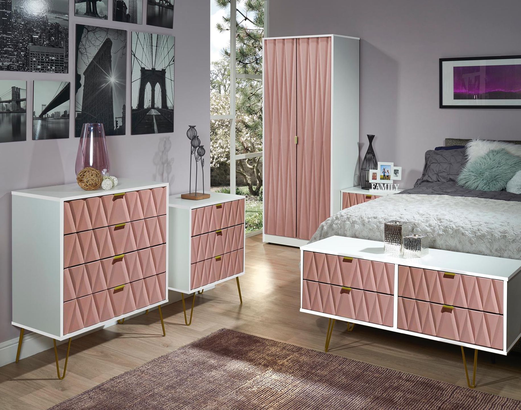 Ready assembled Matt pink & white 2 Drawer Wireless charging Bedside table (H)570mm (W)450mm (D)395mm