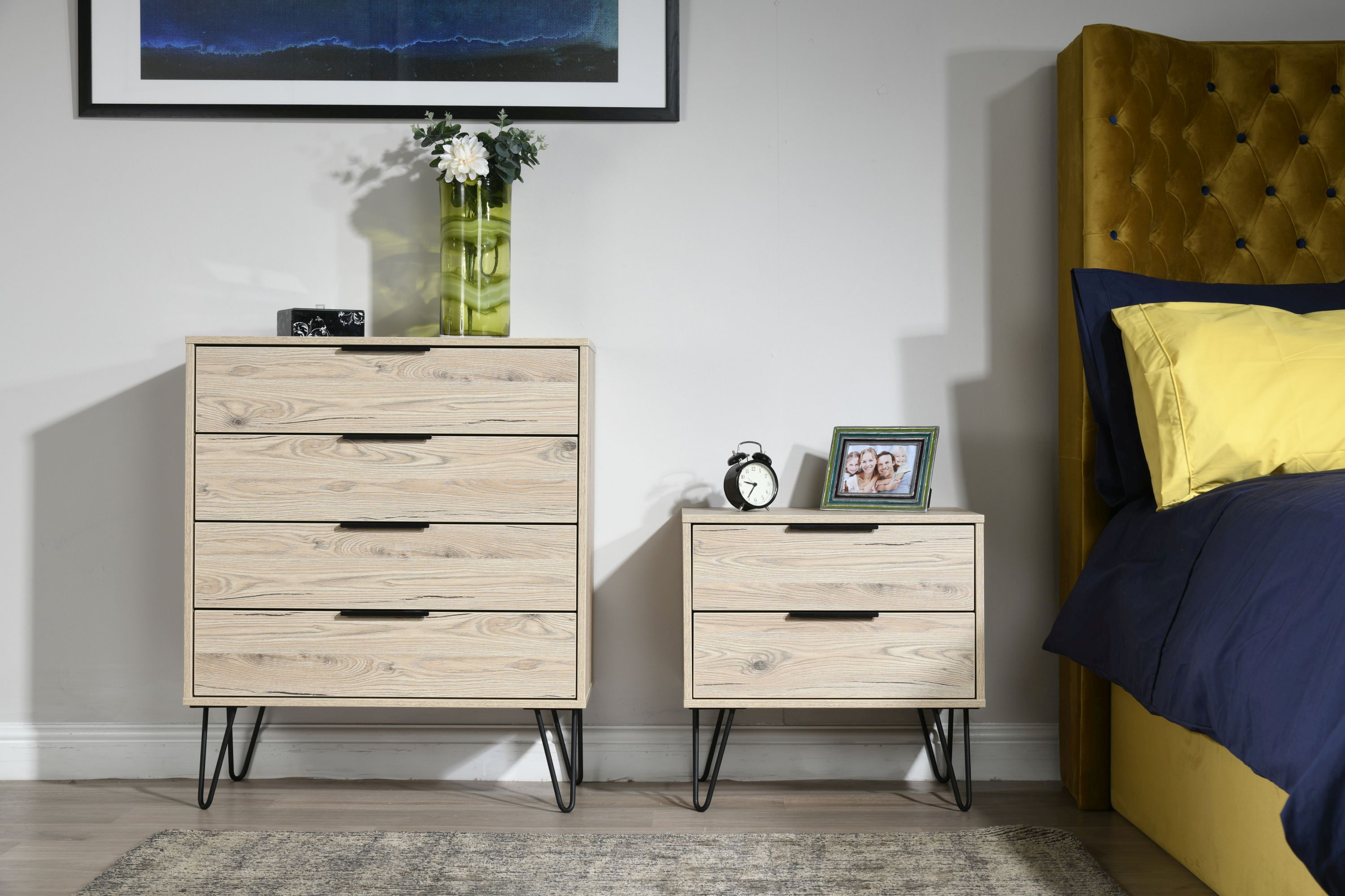 Ready assembled Oak effect 2 Drawer Bedside table (H)570mm (W)450mm (D)395mm