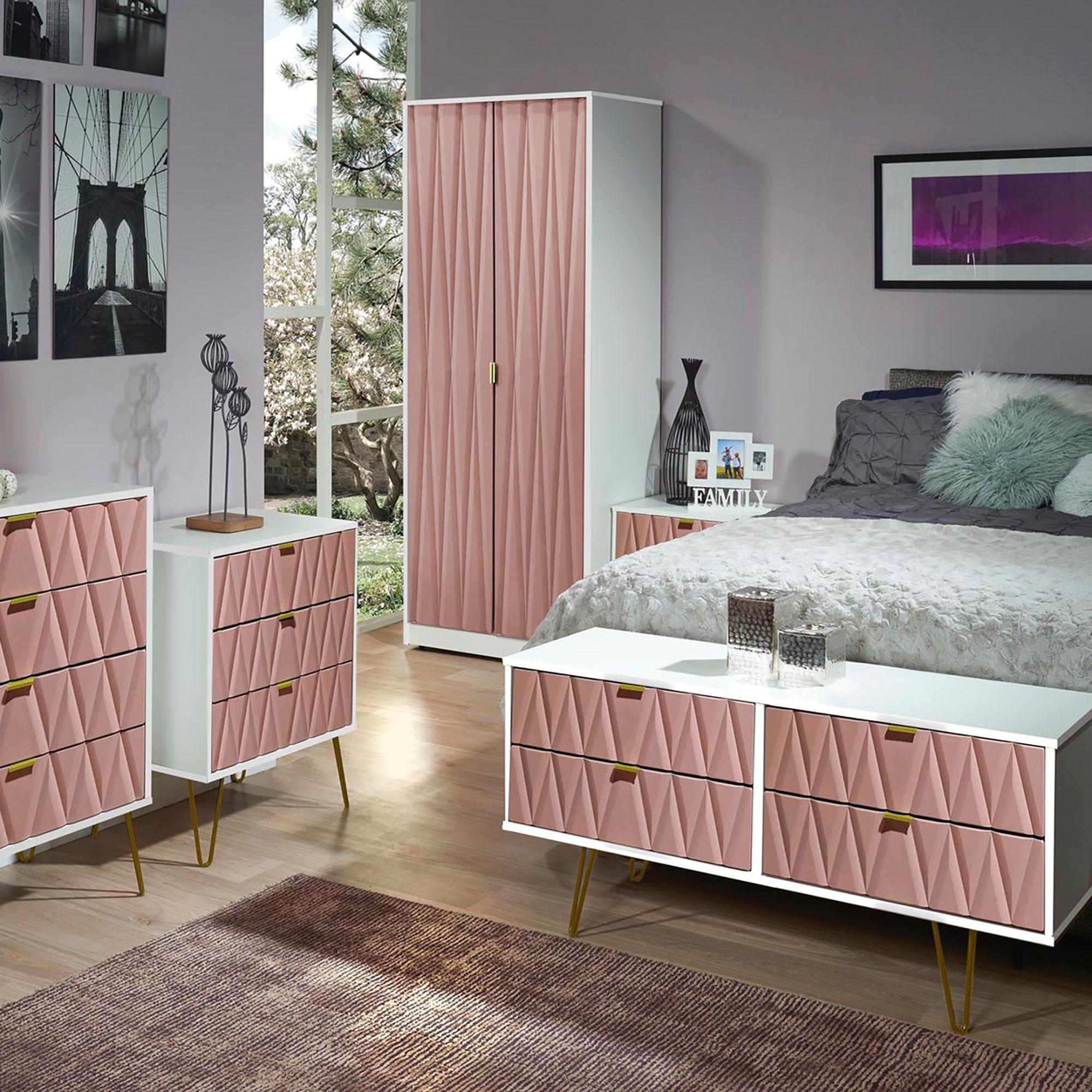 Ready assembled Pink & white 2 Drawer Bedside table (H)570mm (W)450mm (D)395mm