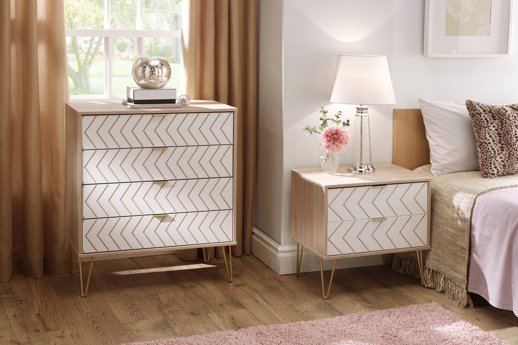 Ready assembled White oak effect 2 Drawer Side table (H)570mm (W)395mm