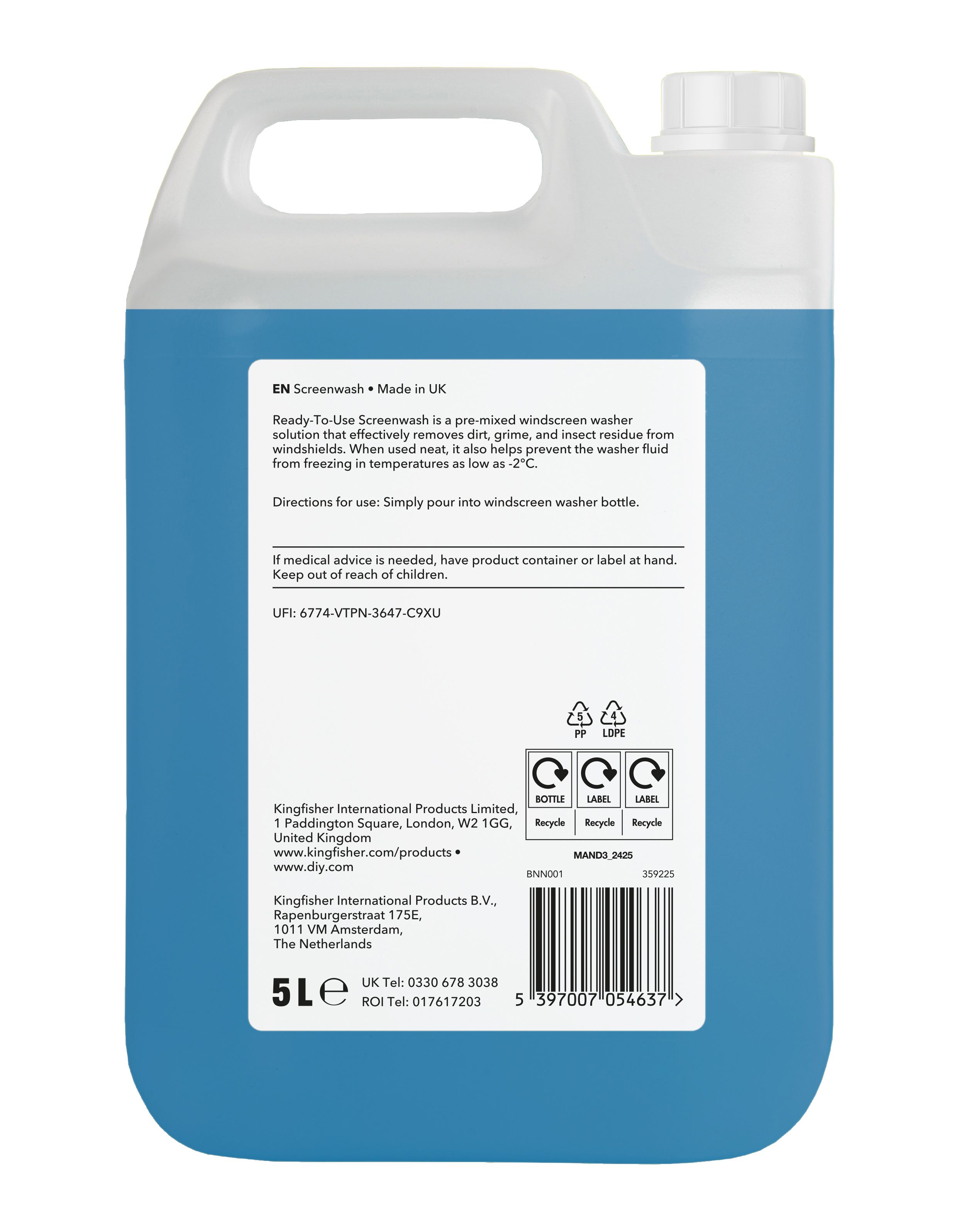 Ready to use mixed Screenwash, 5L