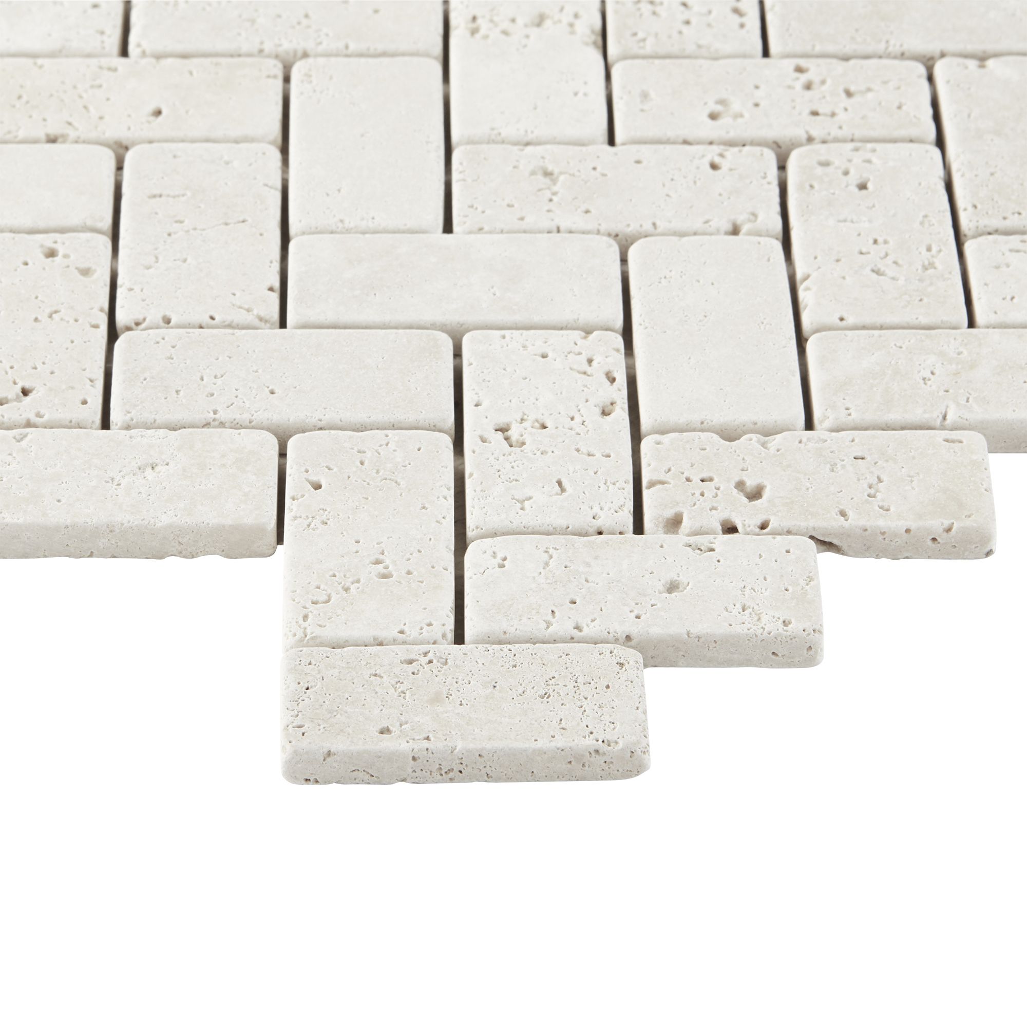 Real tumbled travertine Beige Matt Stone effect Herringbone Natural stone Mosaic tile sheet, (L)310mm (W)285mm