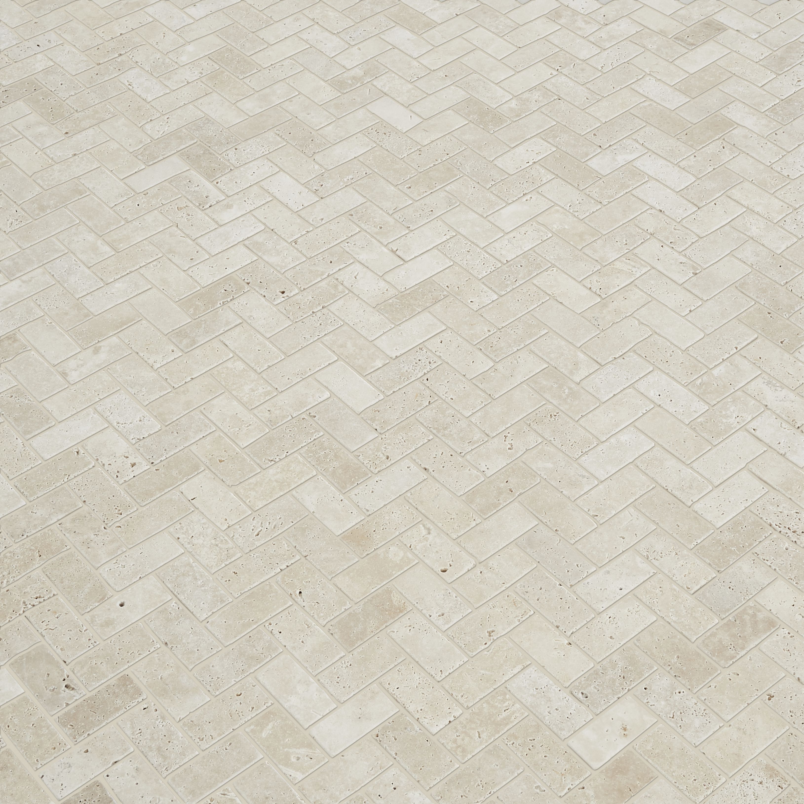 Real tumbled travertine Beige Matt Stone effect Herringbone Natural stone Mosaic tile sheet, (L)310mm (W)285mm