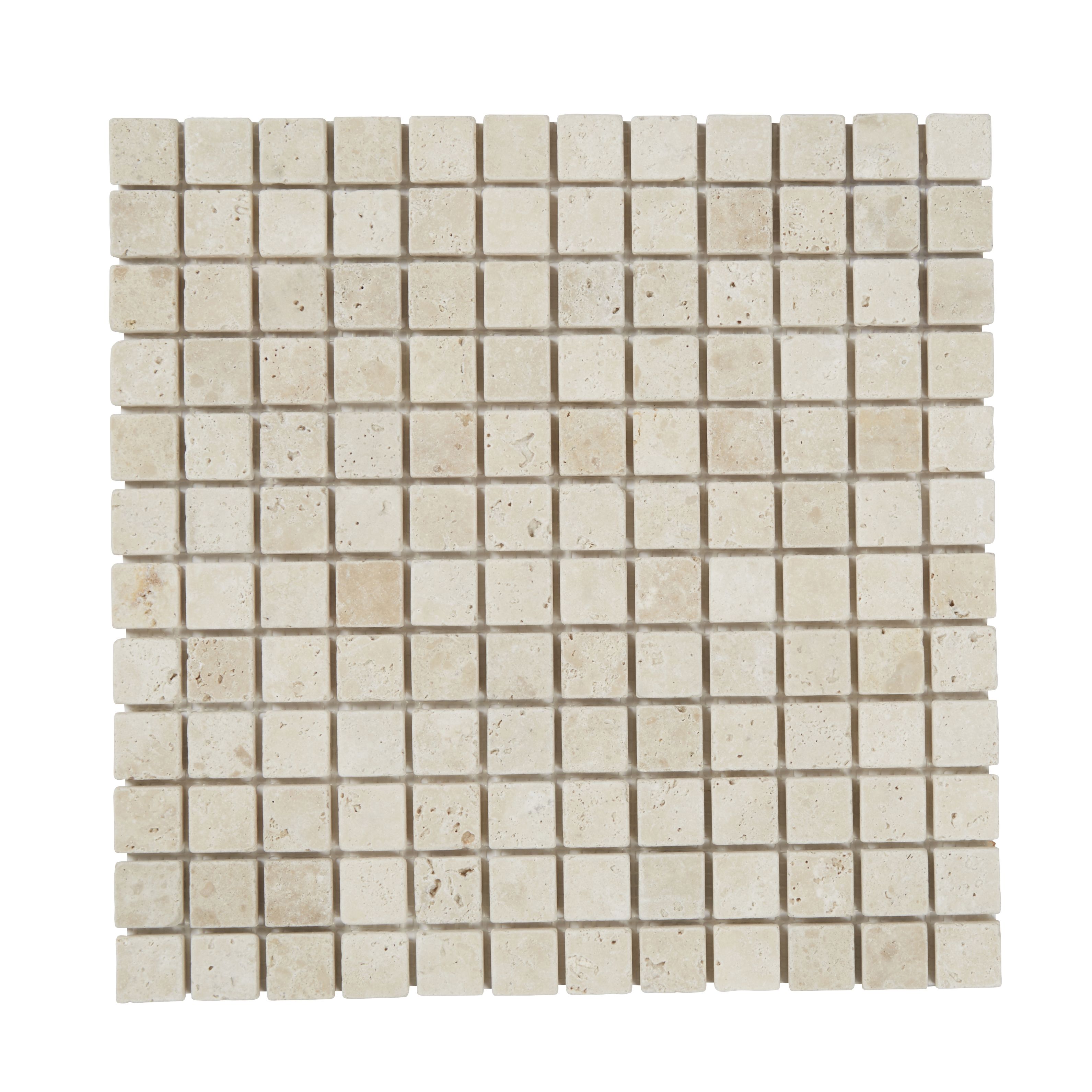 Real tumbled travertine Beige Matt Stone effect Natural stone 2x2 Mosaic tile sheet, (L)305mm (W)305mm