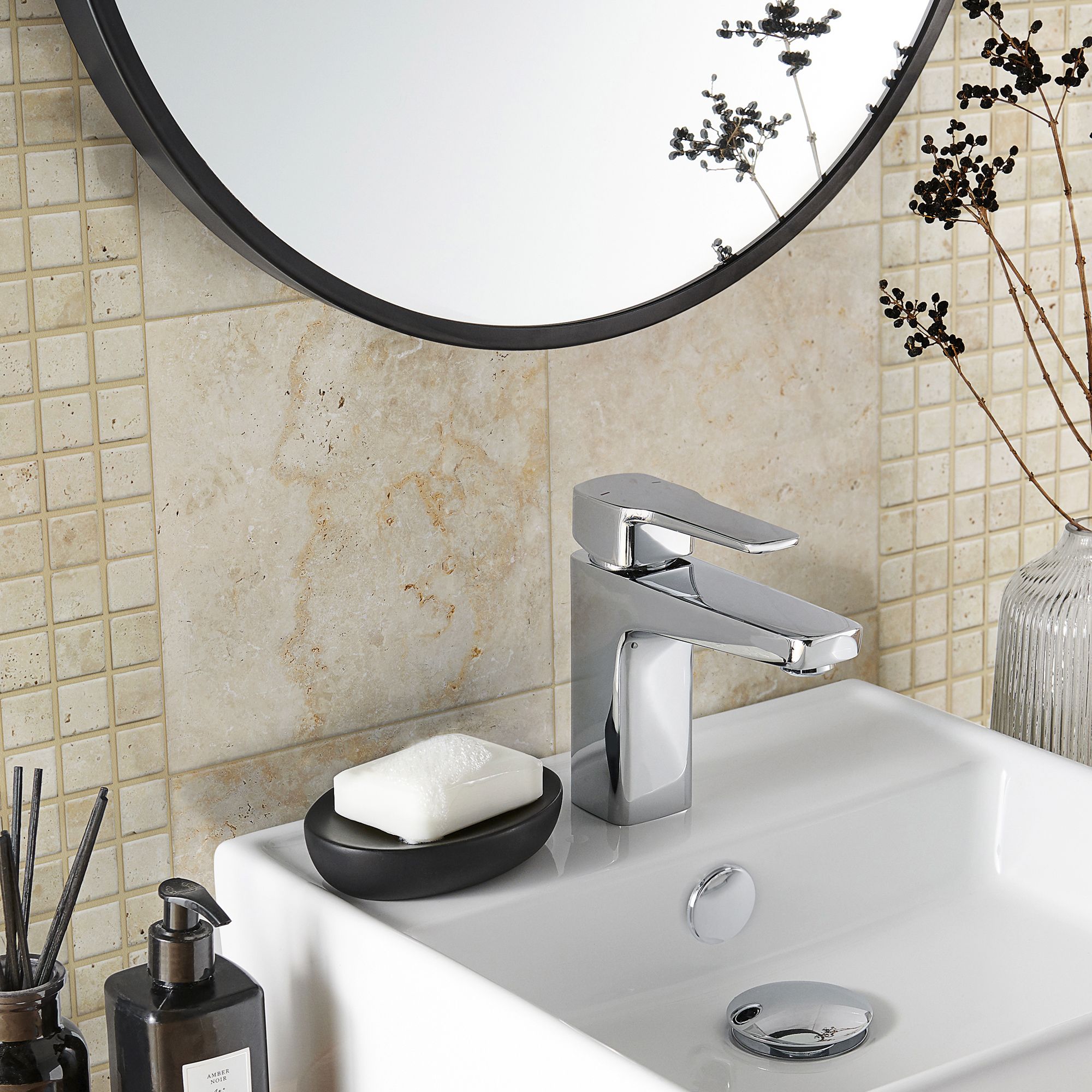 Real tumbled travertine Beige Matt Stone effect Natural stone 2x2 Mosaic tile sheet, (L)305mm (W)305mm