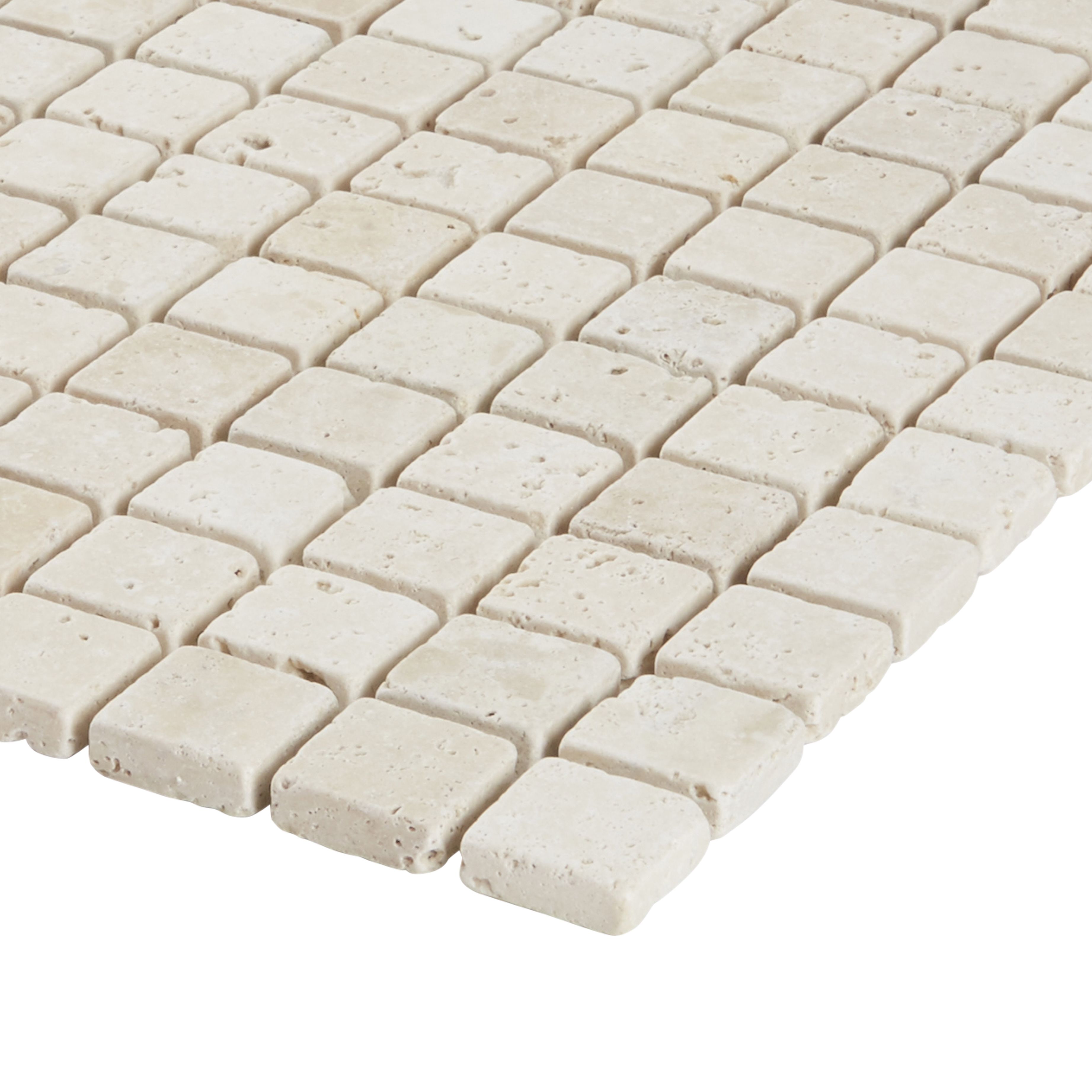Real tumbled travertine Beige Matt Stone effect Natural stone 2x2 Mosaic tile sheet, (L)305mm (W)305mm
