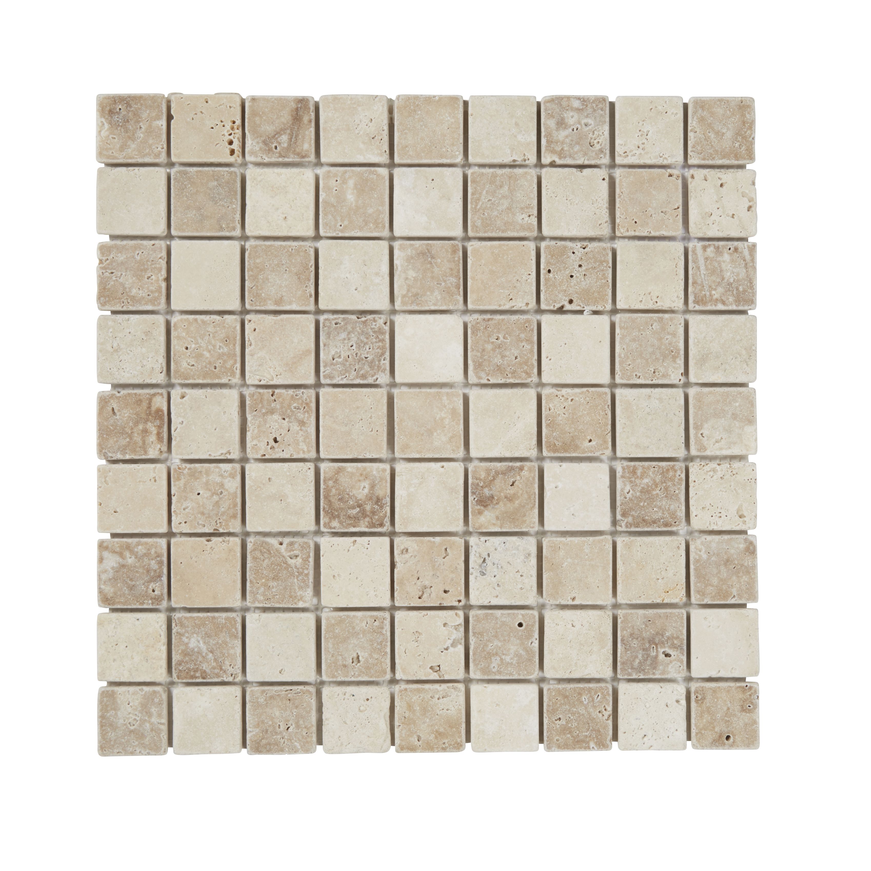 Real tumbled travertine Beige Matt Stone effect Natural stone 3x3 Mosaic tile sheet, (L)305mm (W)305mm