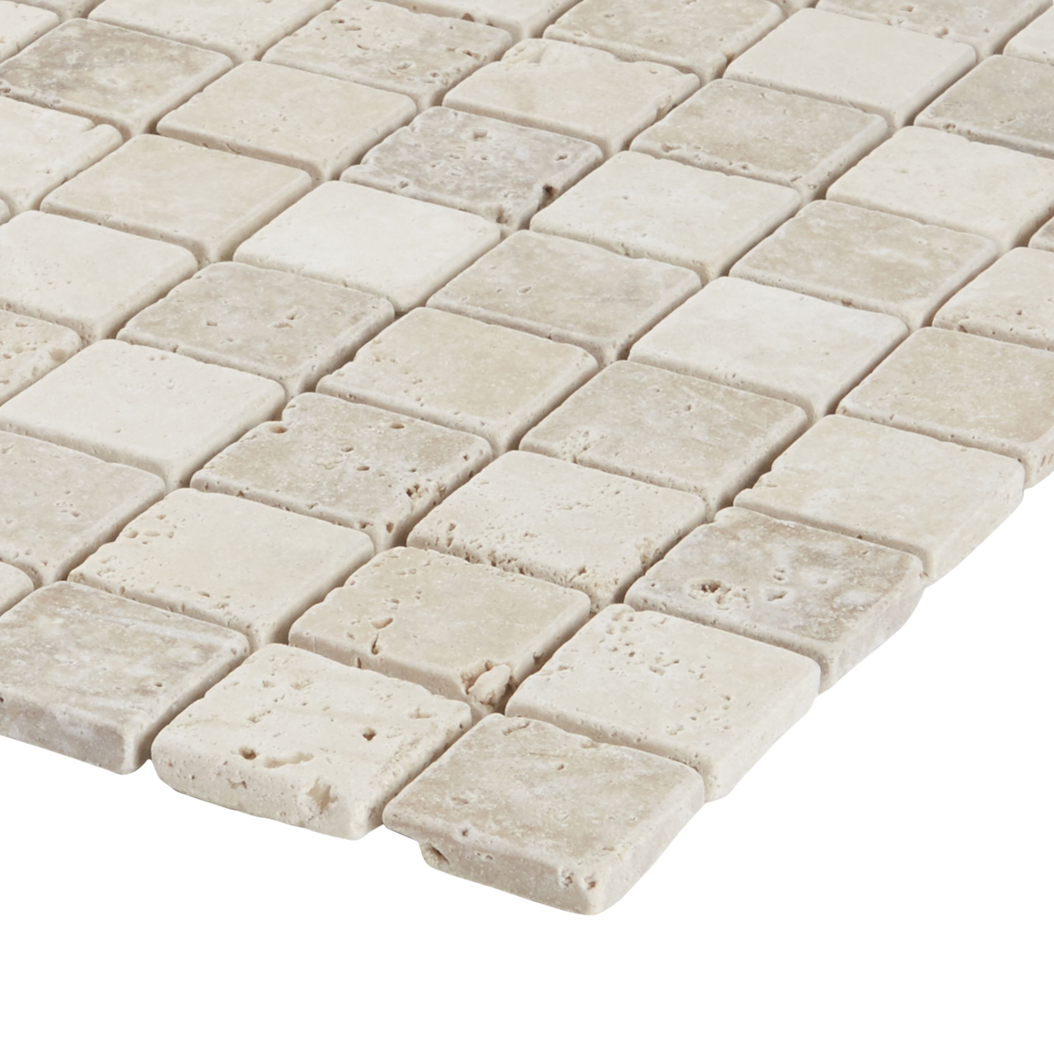 Real tumbled travertine Beige Matt Stone effect Natural stone 3x3 Mosaic tile sheet, (L)305mm (W)305mm