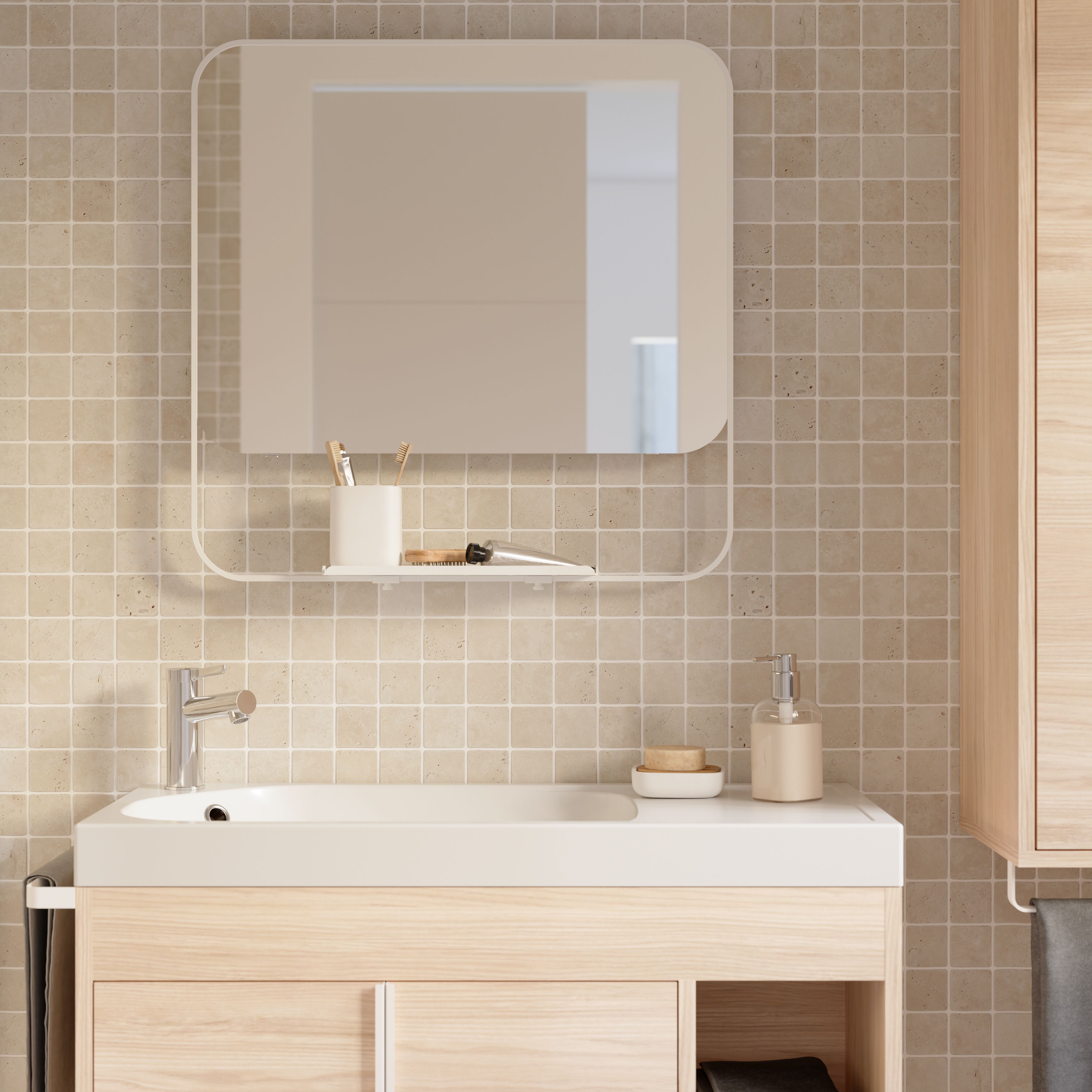 Real tumbled travertine Beige Matt Stone effect Natural stone 5x5 Mosaic tile sheet, (L)305mm (W)305mm