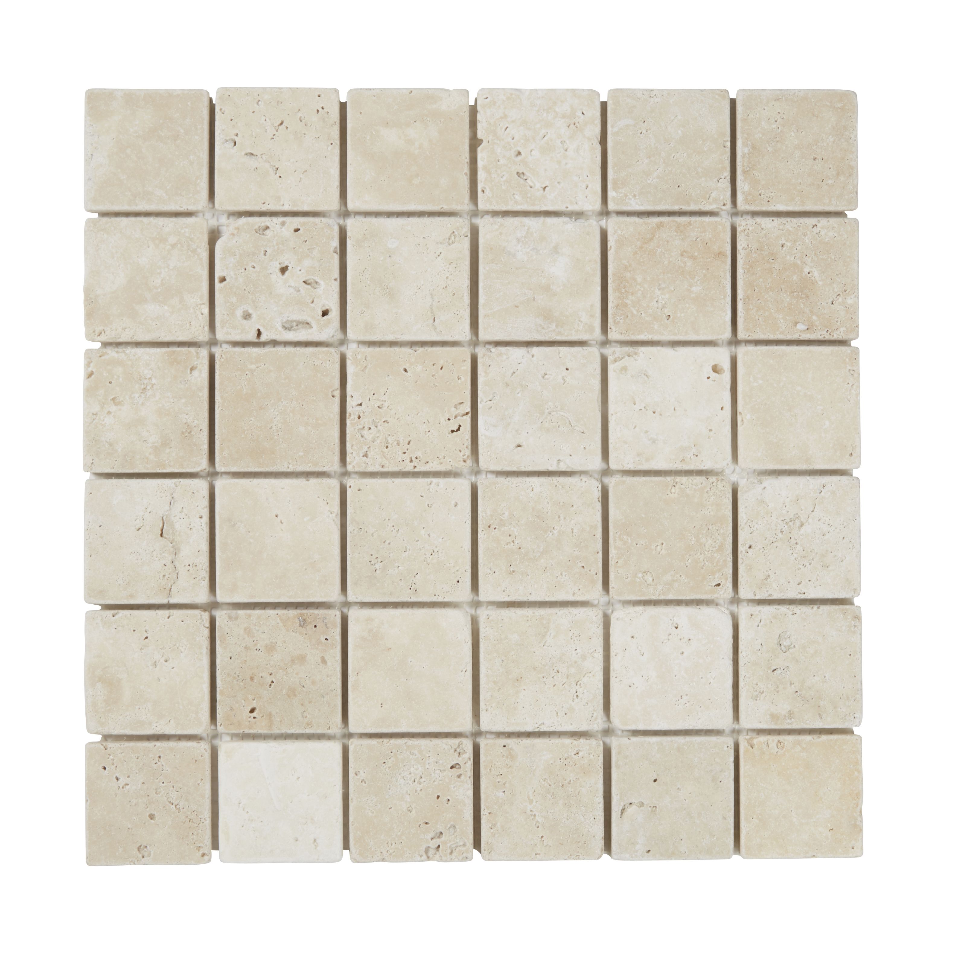 Real tumbled travertine Beige Matt Stone effect Natural stone 5x5 Mosaic tile sheet, (L)305mm (W)305mm