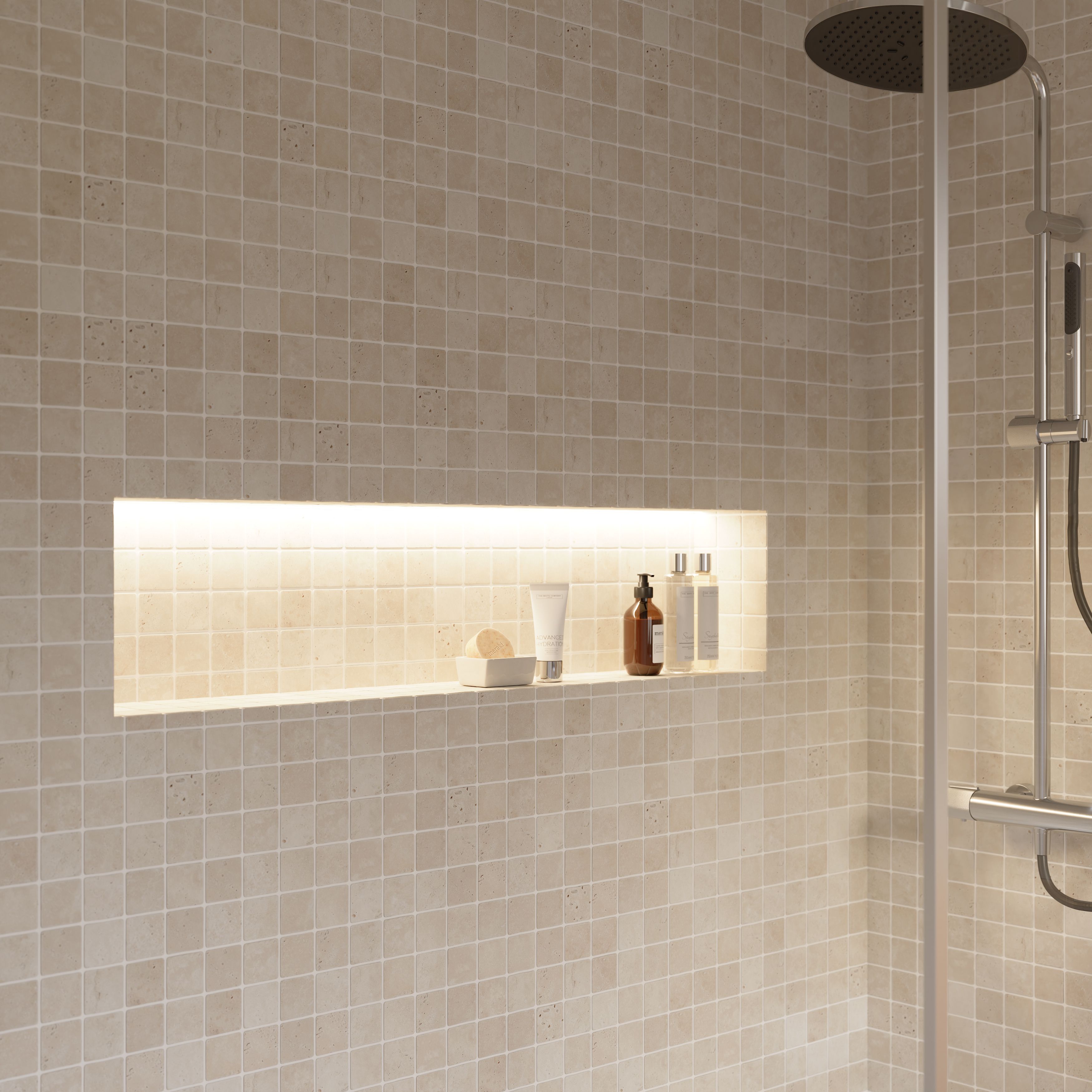 Real tumbled travertine Beige Matt Stone effect Natural stone 5x5 Mosaic tile sheet, (L)305mm (W)305mm