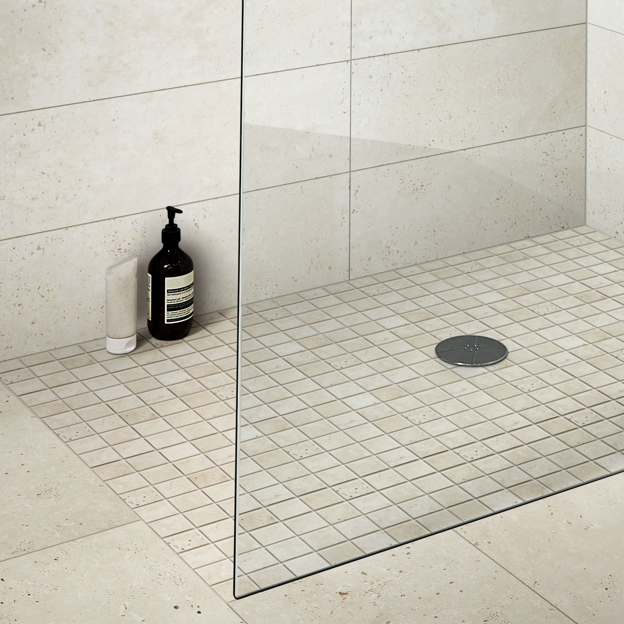 Real tumbled travertine Beige Matt Stone effect Natural stone 5x5 Mosaic tile sheet, (L)305mm (W)305mm