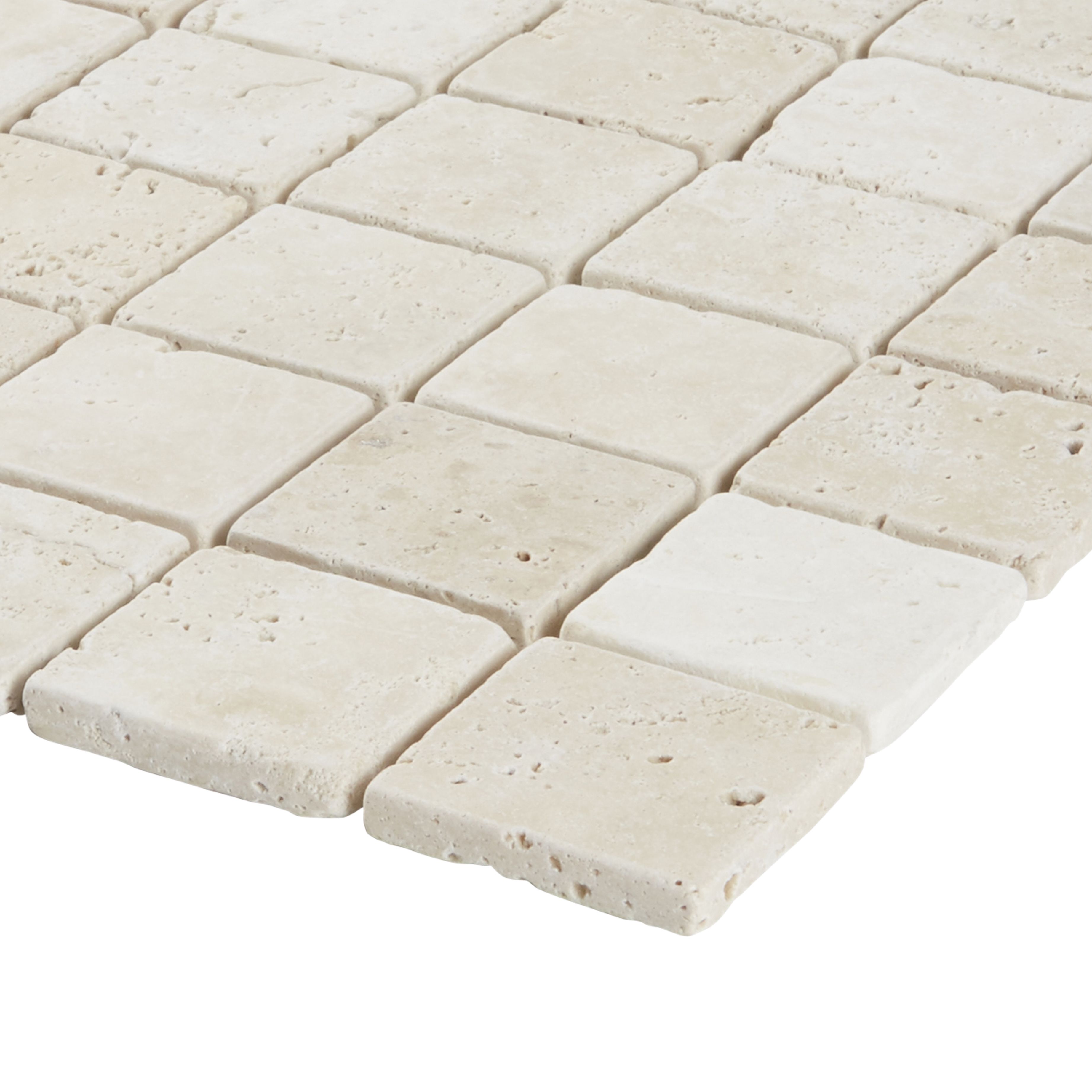 Real tumbled travertine Beige Matt Stone effect Natural stone 5x5 Mosaic tile sheet, (L)305mm (W)305mm