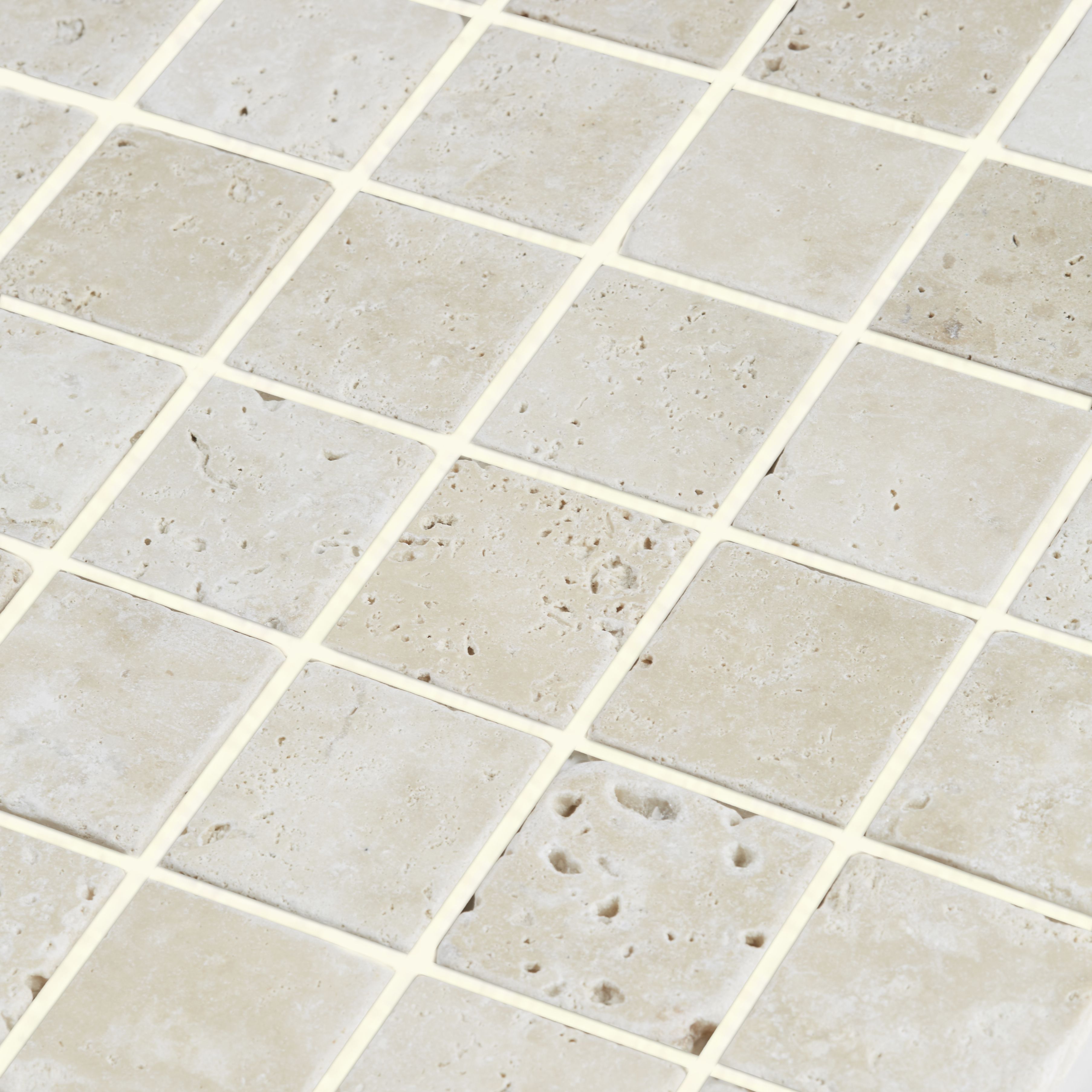 Real tumbled travertine Beige Matt Stone effect Natural stone 5x5 Mosaic tile sheet, (L)305mm (W)305mm