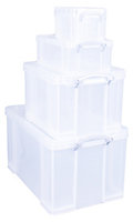 Really Useful Bonus Pack Heavy duty Clear 131L Small, medium & XL Plastic Stackable Storage box & Lid, Pack of 4