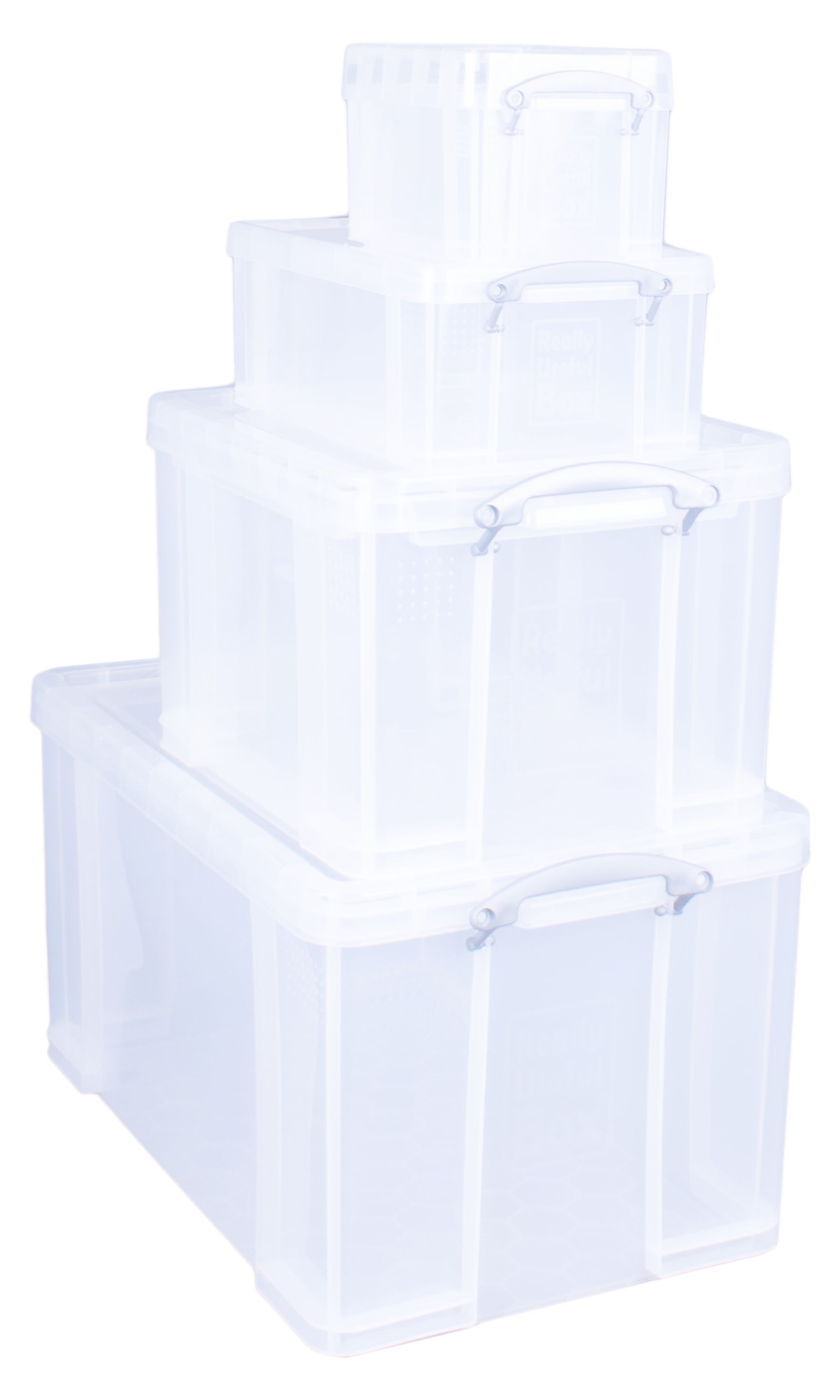 Really Useful Bonus Pack Heavy duty Clear 131L Small, medium & XL Plastic Stackable Storage box & Lid, Pack of 4