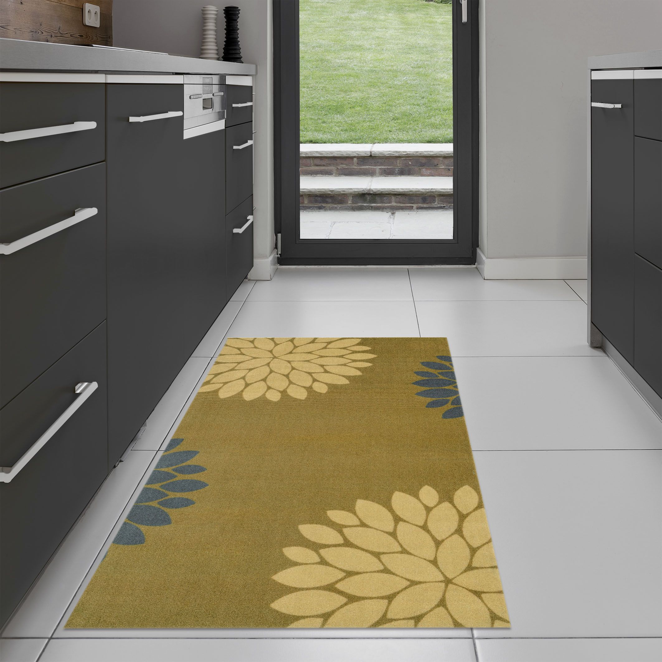 Recylon Yellow Floral Heavy duty Mat, 120cm x 67cm