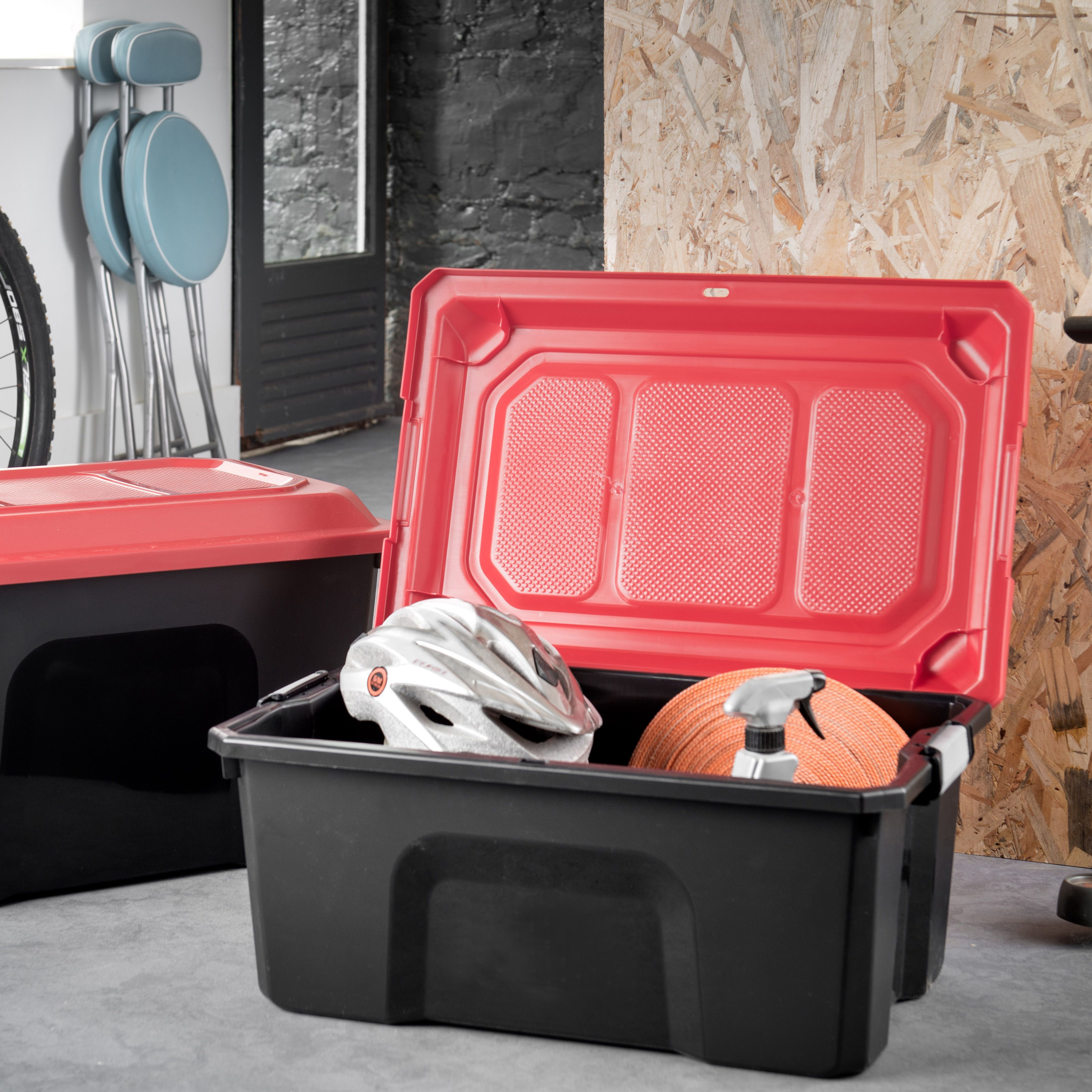 Red & Black Robust trunk 40L Medium Plastic Stackable Storage box & Lid