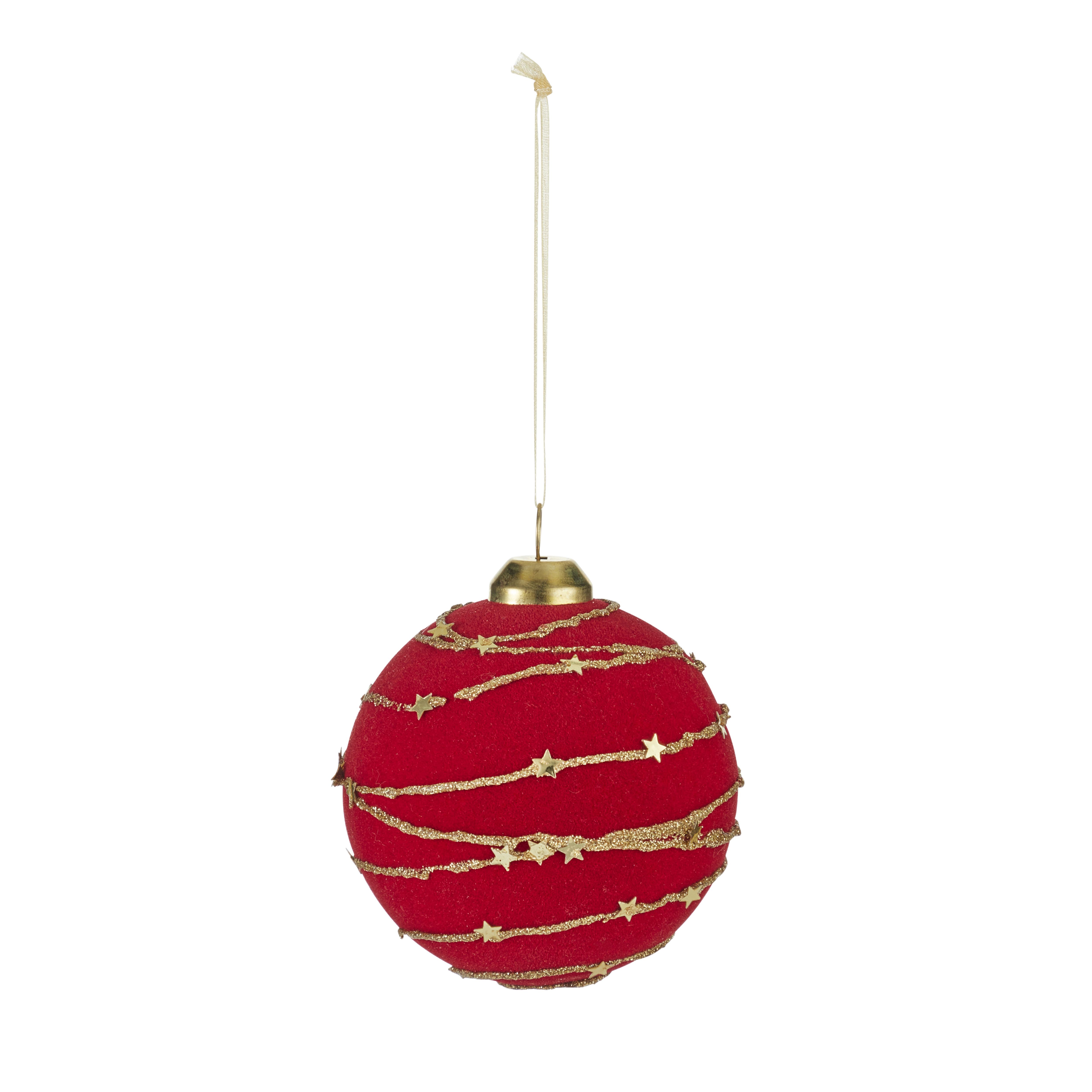 Red Flocked effect Plastic Gold Star Lines Bauble | DIY at B&Q