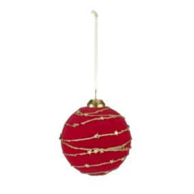 Red Flocked effect Plastic Gold Star Lines Bauble